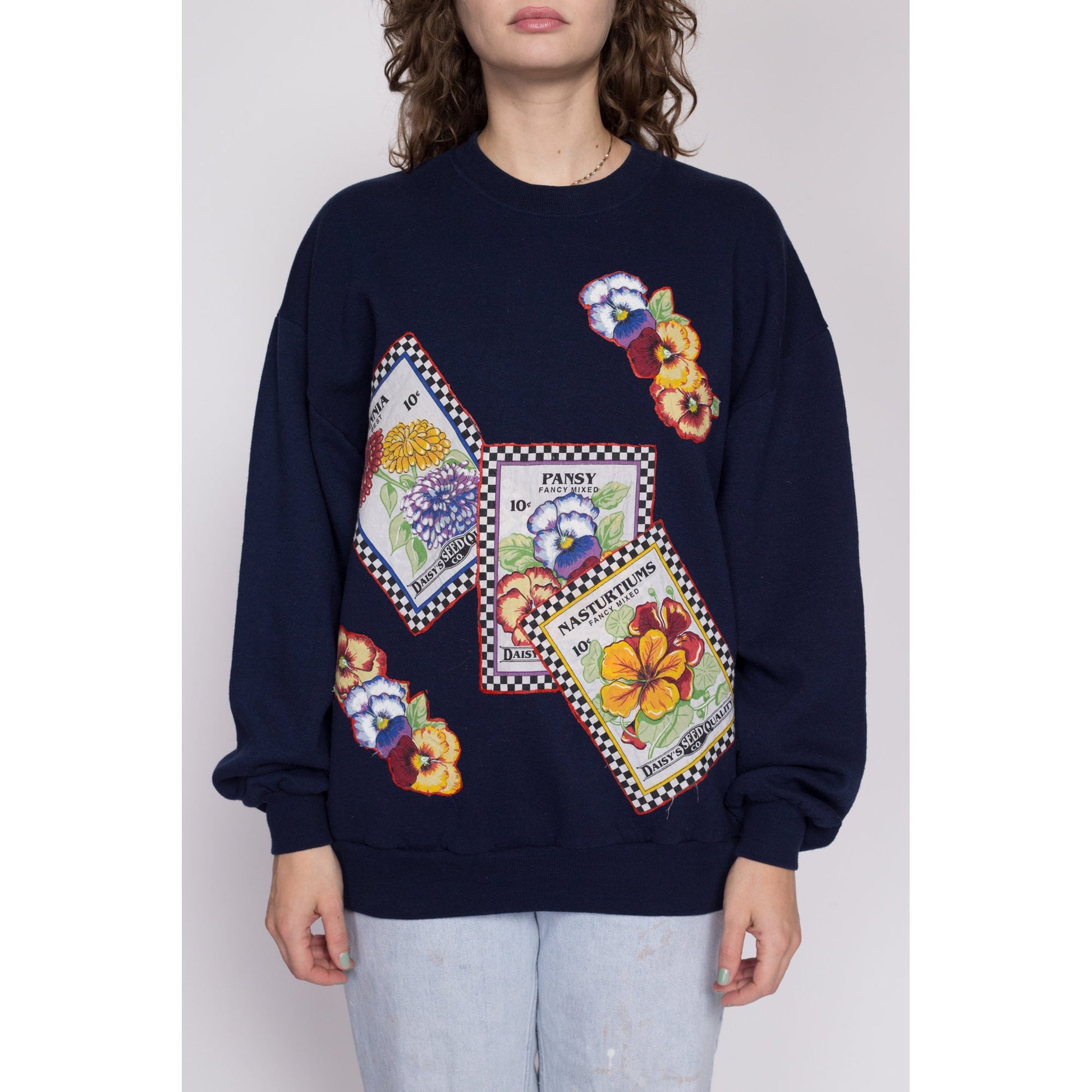 XL 90s Flower Seed Packets Graphic Sweatshirt | Vintage Navy Blue Floral Long Sleeve Crewneck