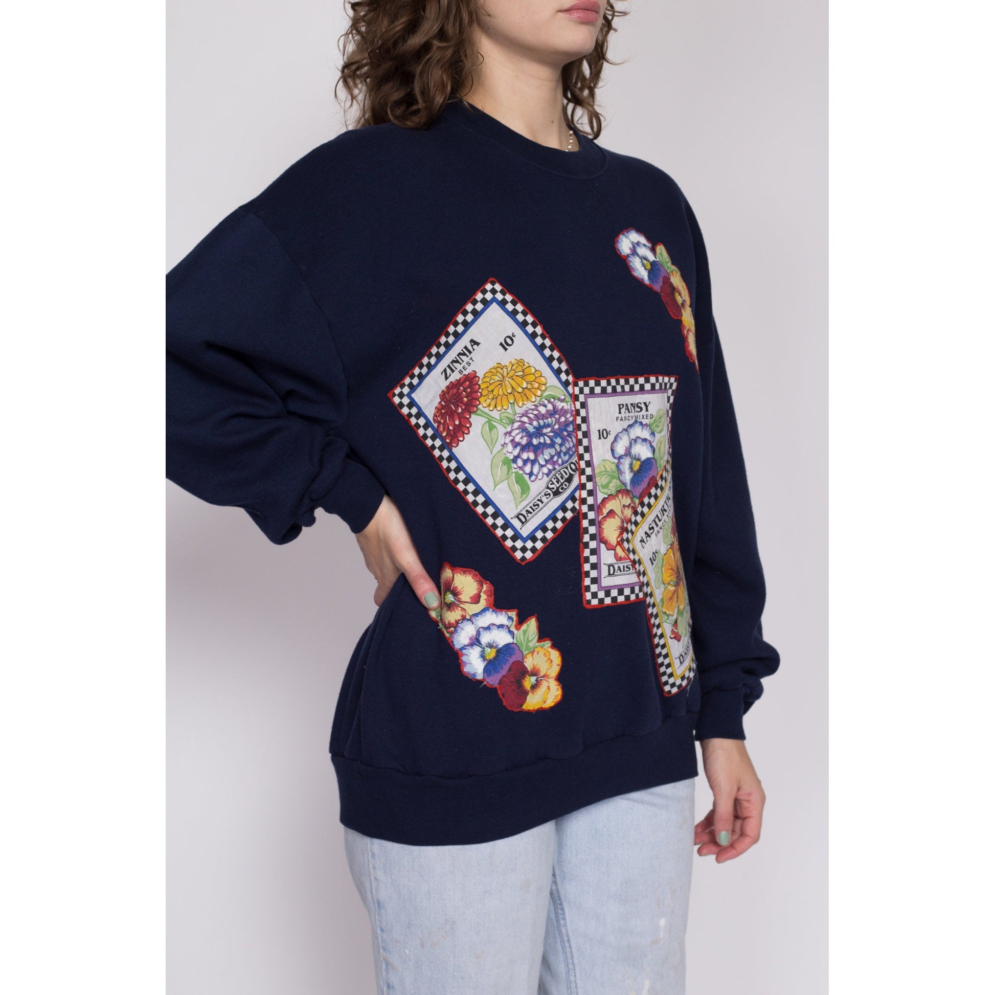 XL 90s Flower Seed Packets Graphic Sweatshirt | Vintage Navy Blue Floral Long Sleeve Crewneck
