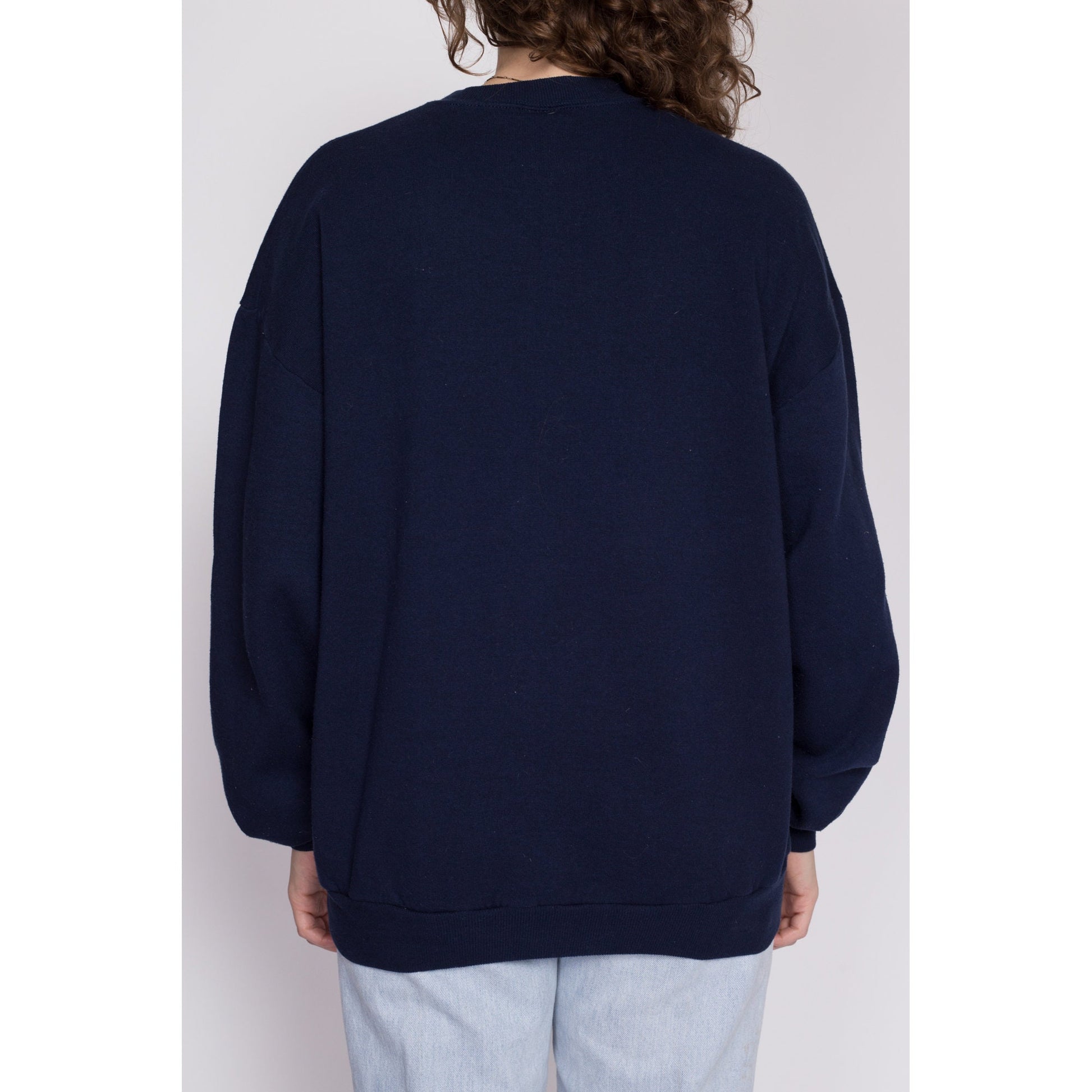 XL 90s Flower Seed Packets Graphic Sweatshirt | Vintage Navy Blue Floral Long Sleeve Crewneck