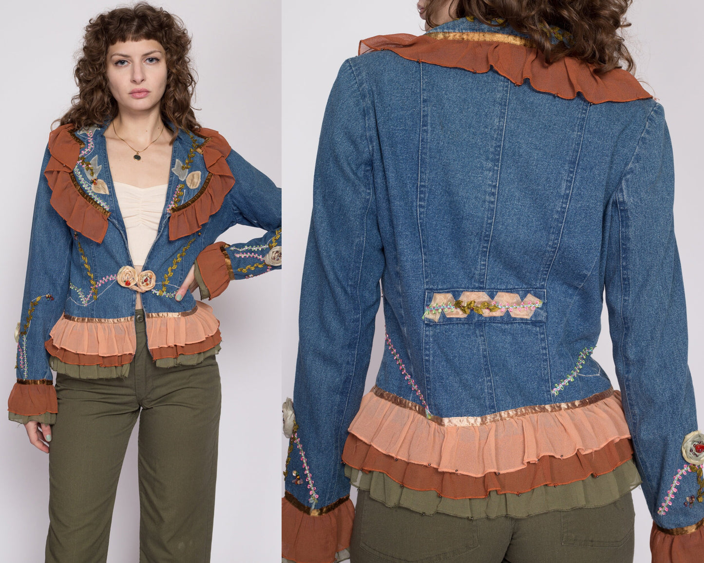 Small 90s Denim Chiffon Trim Embellished Blazer | Boho Vintage Floral Beaded Ruffle Jean Jacket