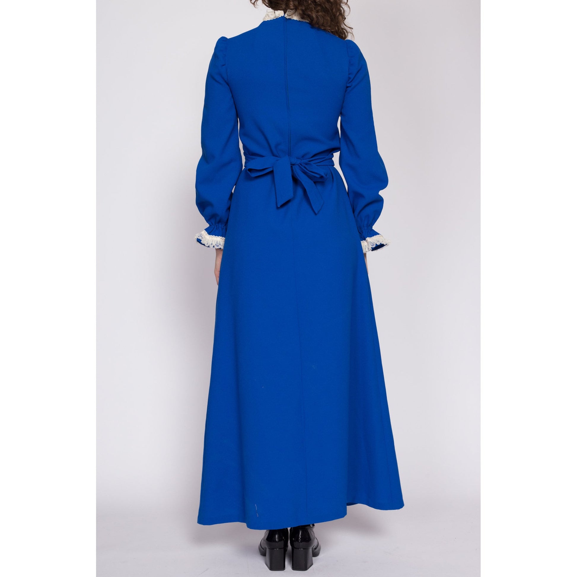 Small 70s Blue Victorian Lace Trim Maxi Dress | Vintage Long Sleeve Boho Prairie Gown
