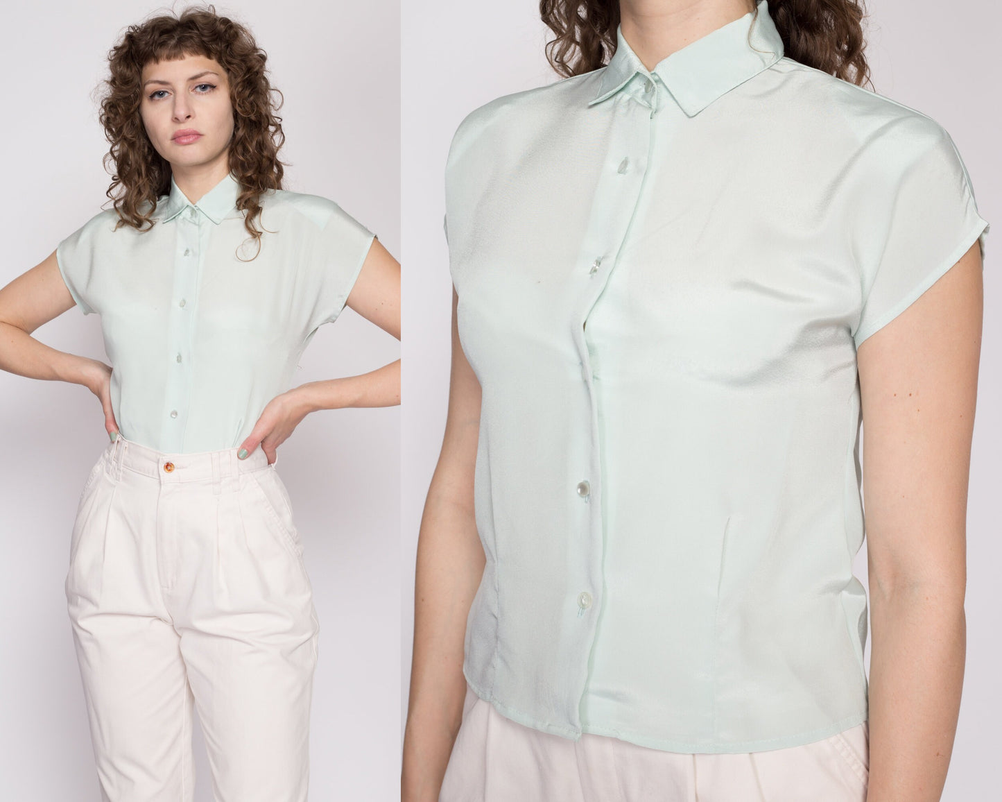 Small 80s Pastel Green Cap Sleeve Blouse | Vintage Shiny Collared Button Up Shirt