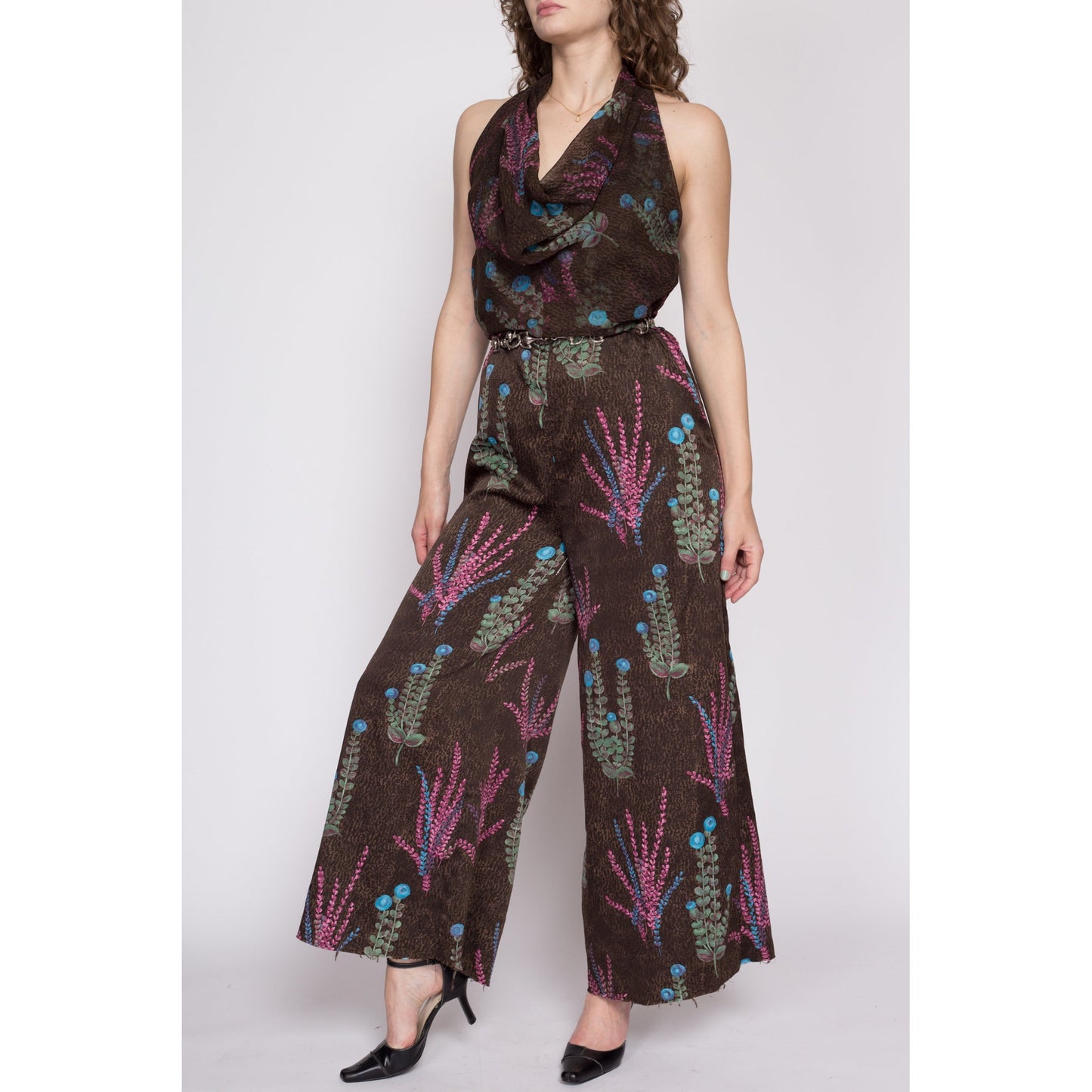 Large 70s Floral Halter Palazzo Jumpsuit | Boho Vintage Earth Tone Cowl Neck Sleeveless Disco Pantsuit
