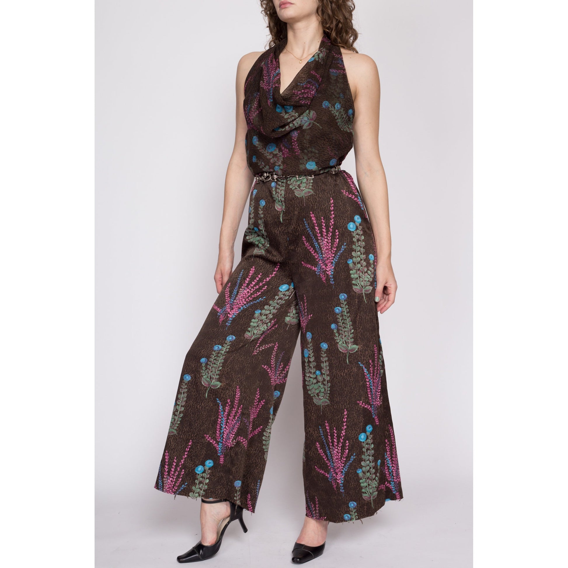 Large 70s Floral Halter Palazzo Jumpsuit | Boho Vintage Earth Tone Cowl Neck Sleeveless Disco Pantsuit
