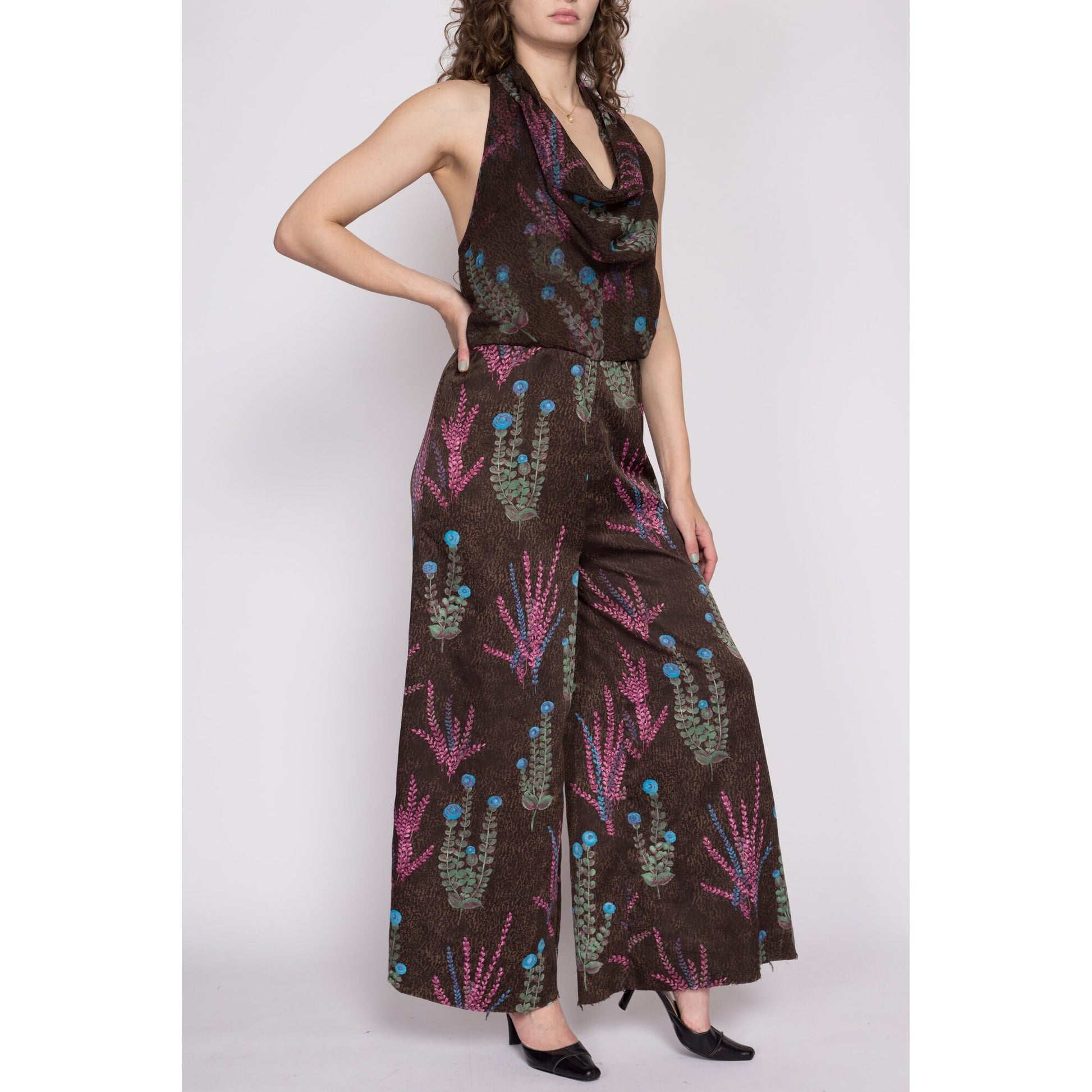 Large 70s Floral Halter Palazzo Jumpsuit | Boho Vintage Earth Tone Cowl Neck Sleeveless Disco Pantsuit