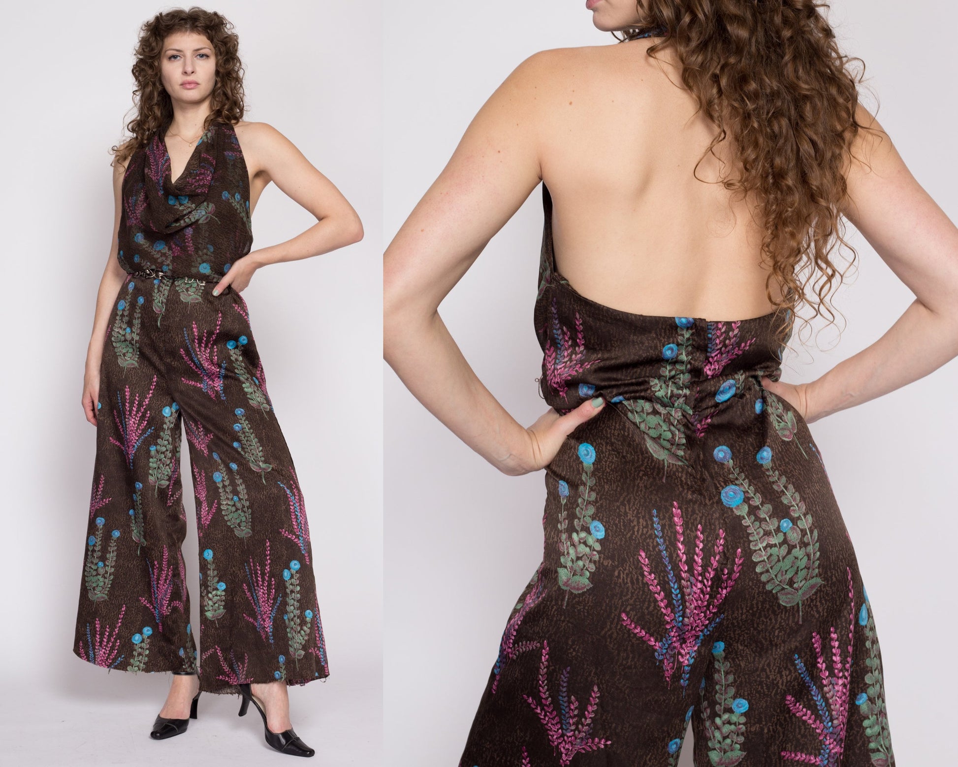 Large 70s Floral Halter Palazzo Jumpsuit | Boho Vintage Earth Tone Cowl Neck Sleeveless Disco Pantsuit