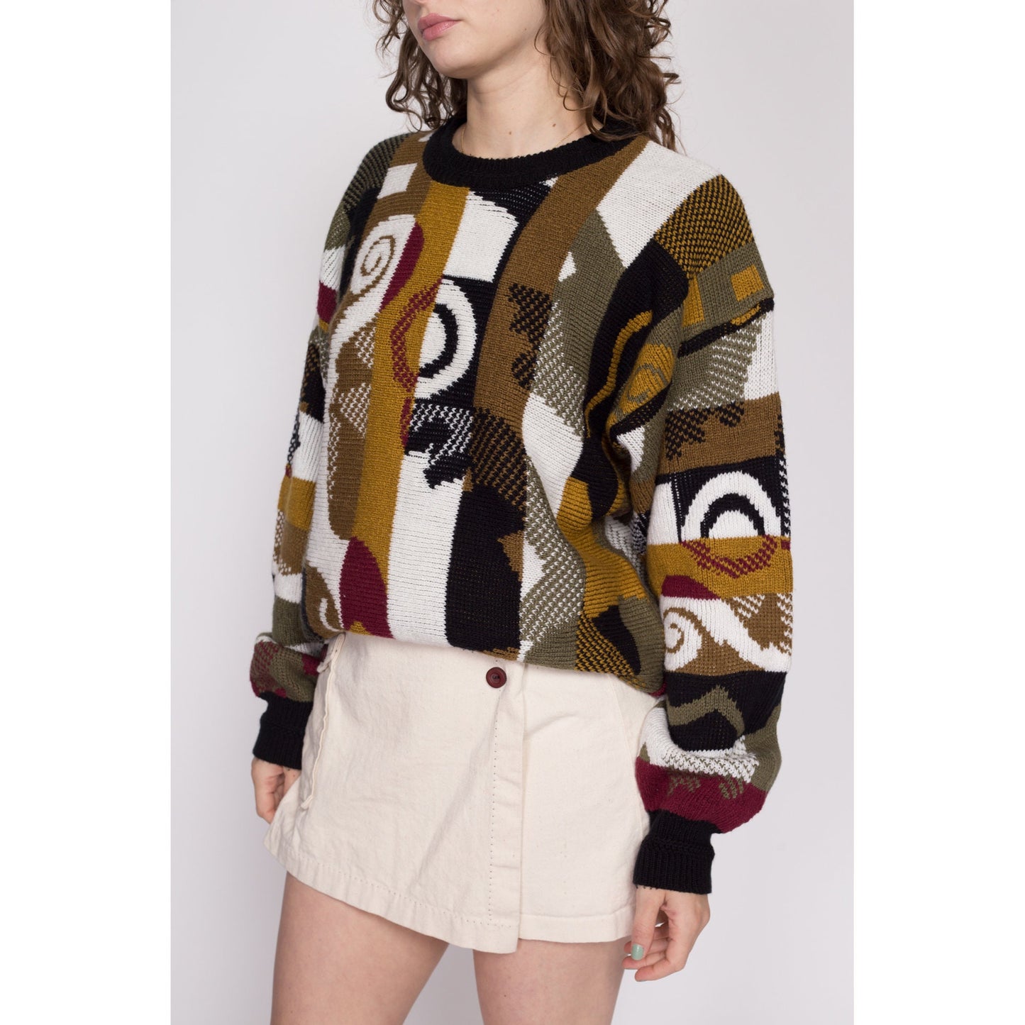Lrg-XL 90s Abstract Slouchy Knit Sweater Unisex | Vintage Black Brown Striped Grunge Pullover