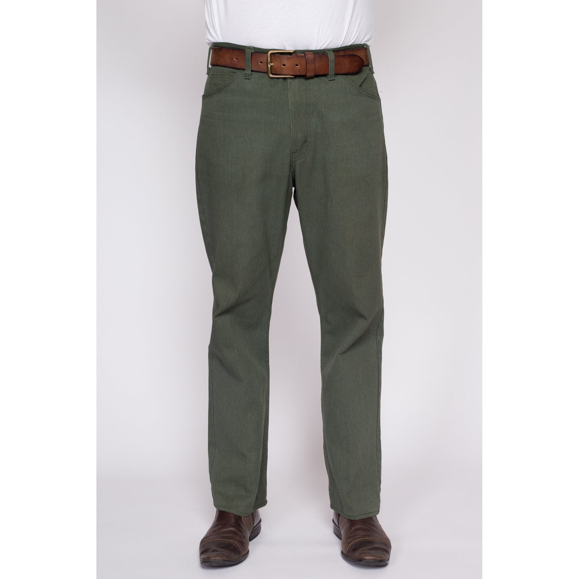 34x29 70s Sage Green Trousers | Vintage Men's Twill Bootcut Pants