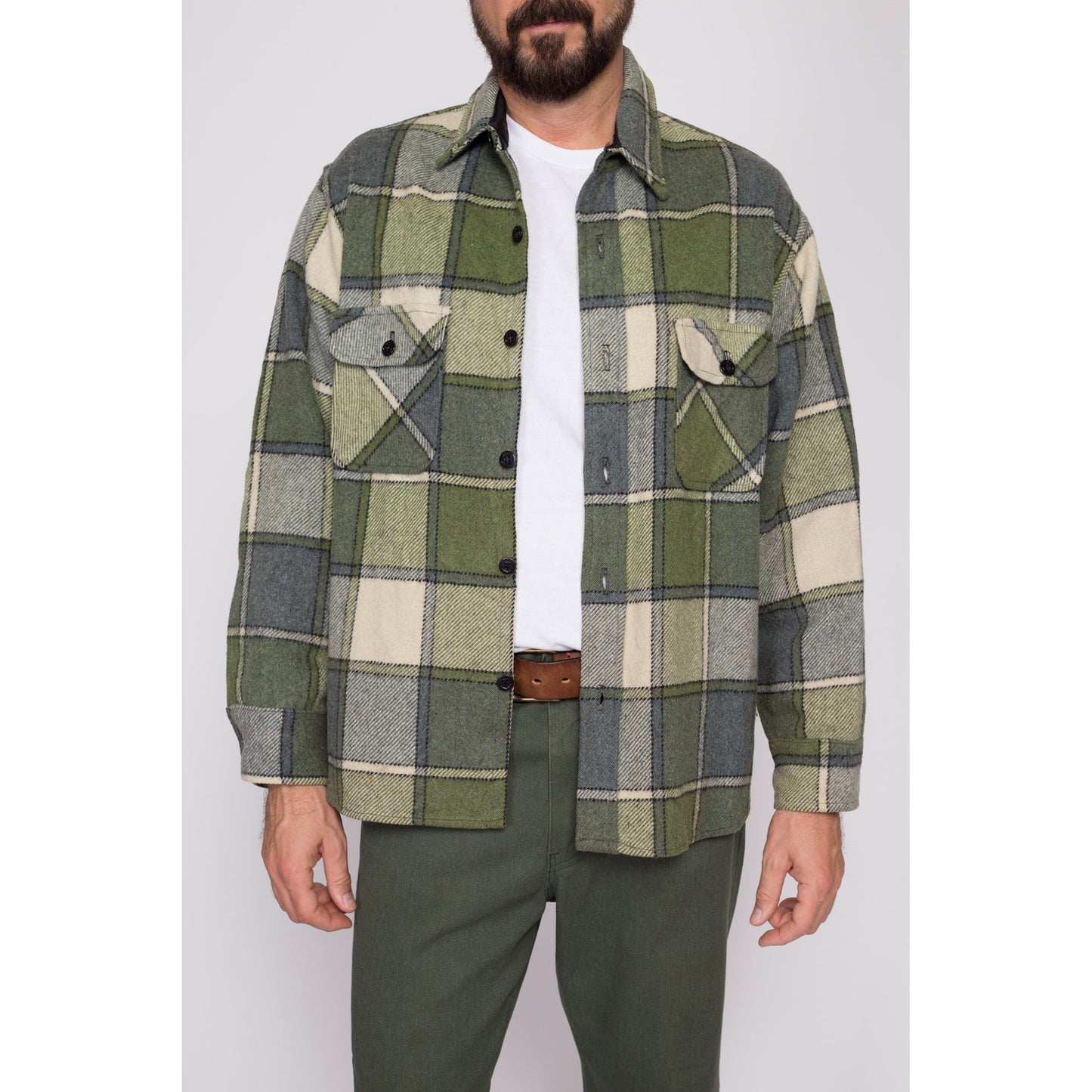 Large 70s Green Plaid Wool Shirt | Vintage Button Up Collared Overshirt Shacket