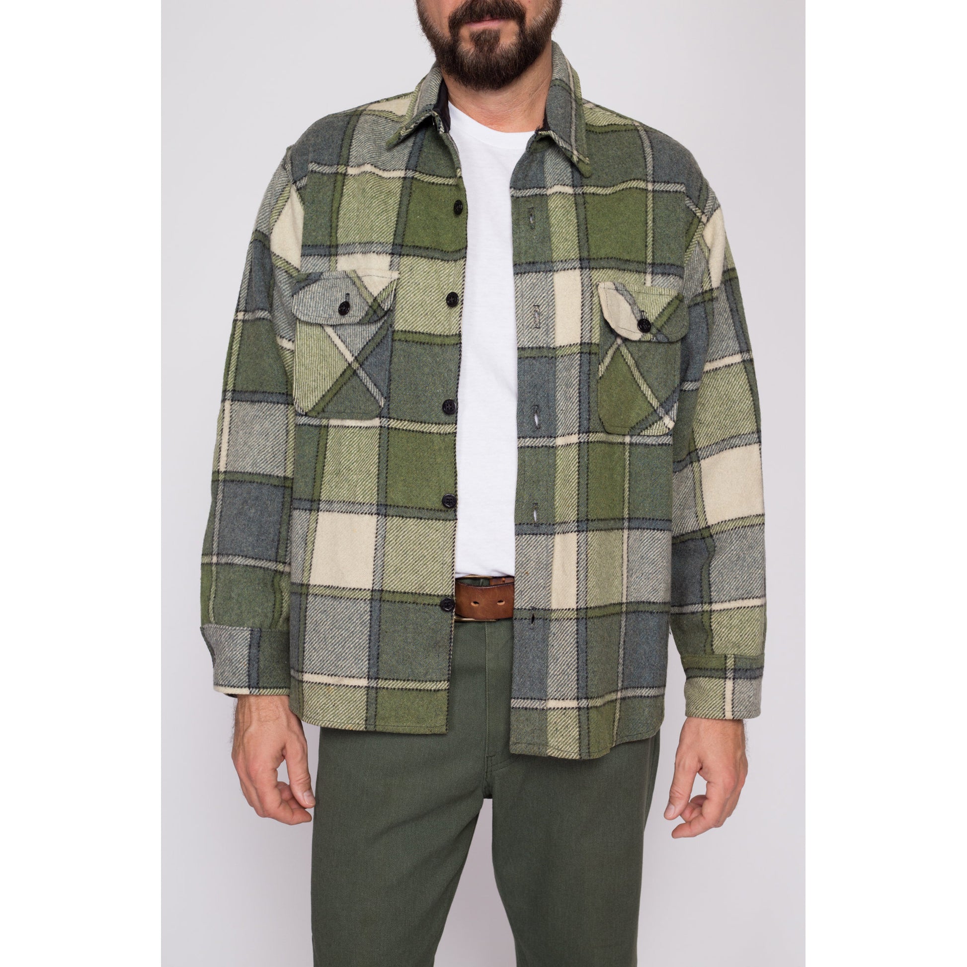 Large 70s Green Plaid Wool Shirt | Vintage Button Up Collared Overshirt Shacket