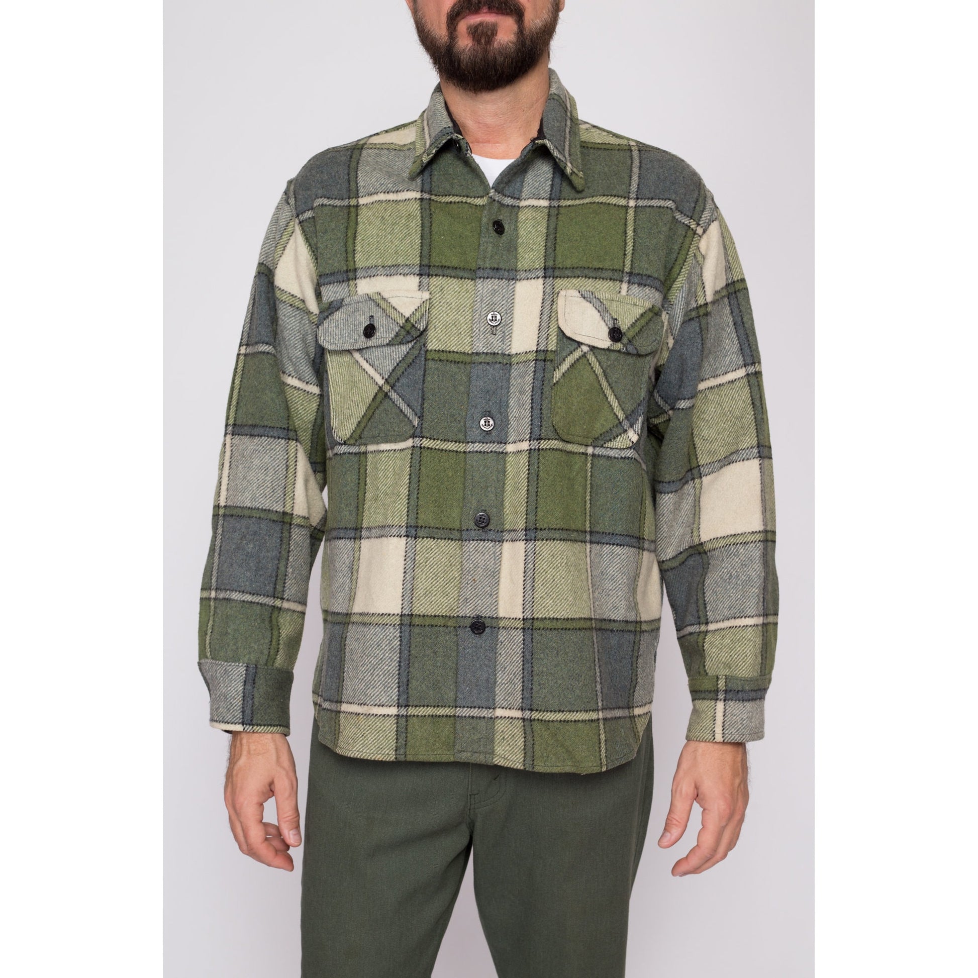 Large 70s Green Plaid Wool Shirt | Vintage Button Up Collared Overshirt Shacket