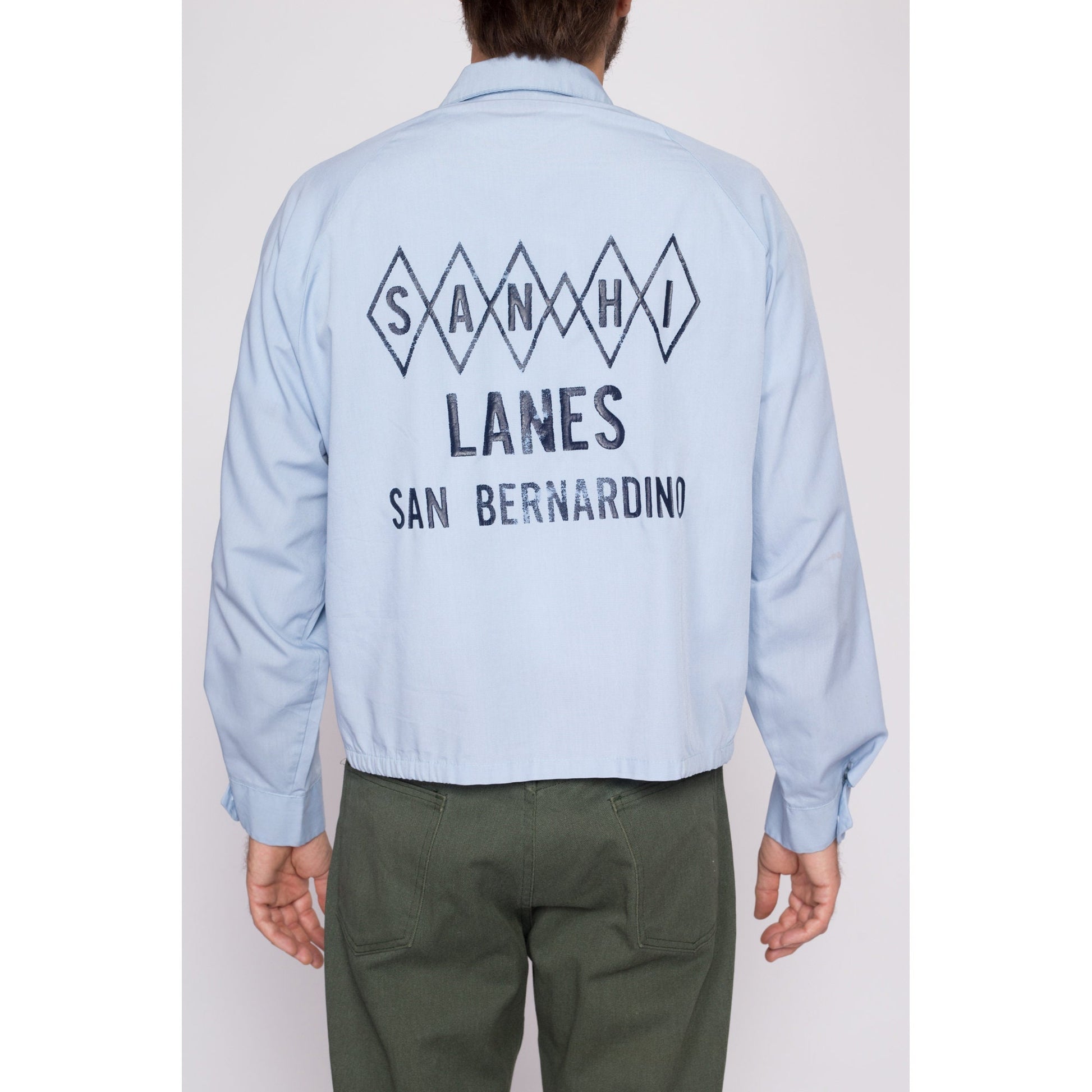 Large 70s San-Hi Lanes San Bernadino Bowling Alley Jacket | Vintage Blue Zip Up Lightweight Harrington Jacket
