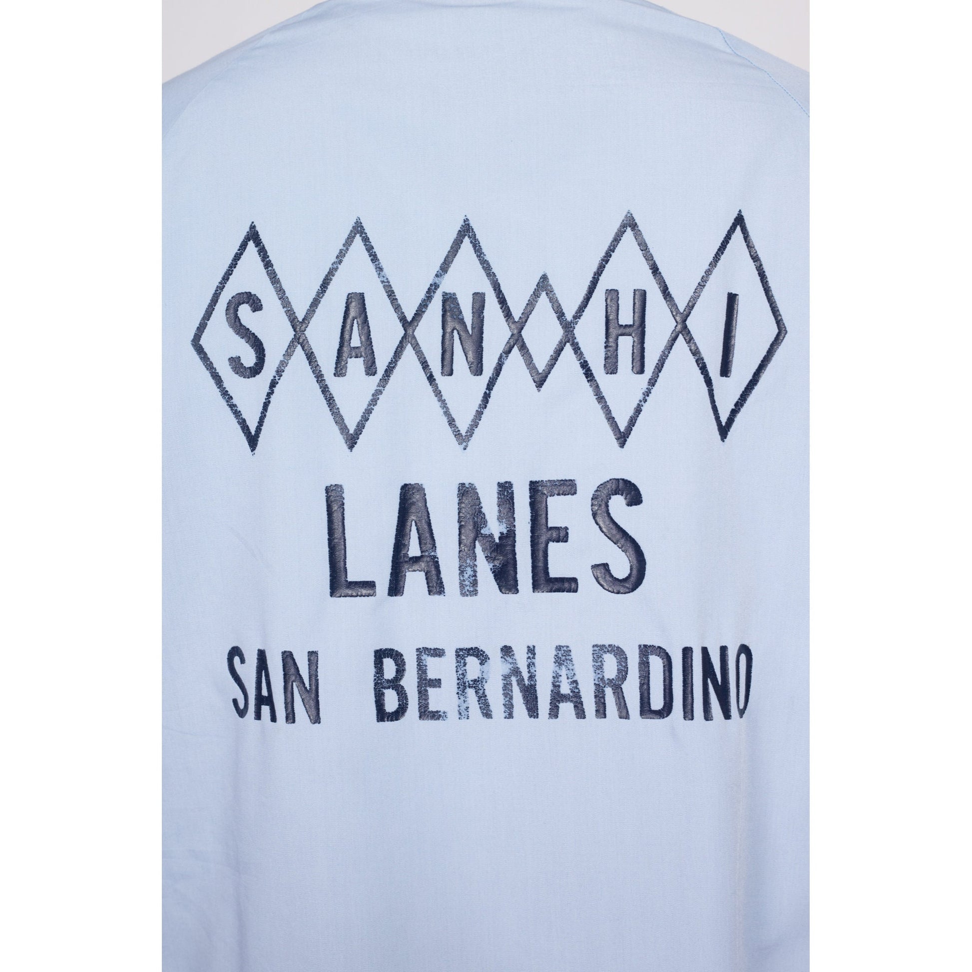 Large 70s San-Hi Lanes San Bernadino Bowling Alley Jacket | Vintage Blue Zip Up Lightweight Harrington Jacket