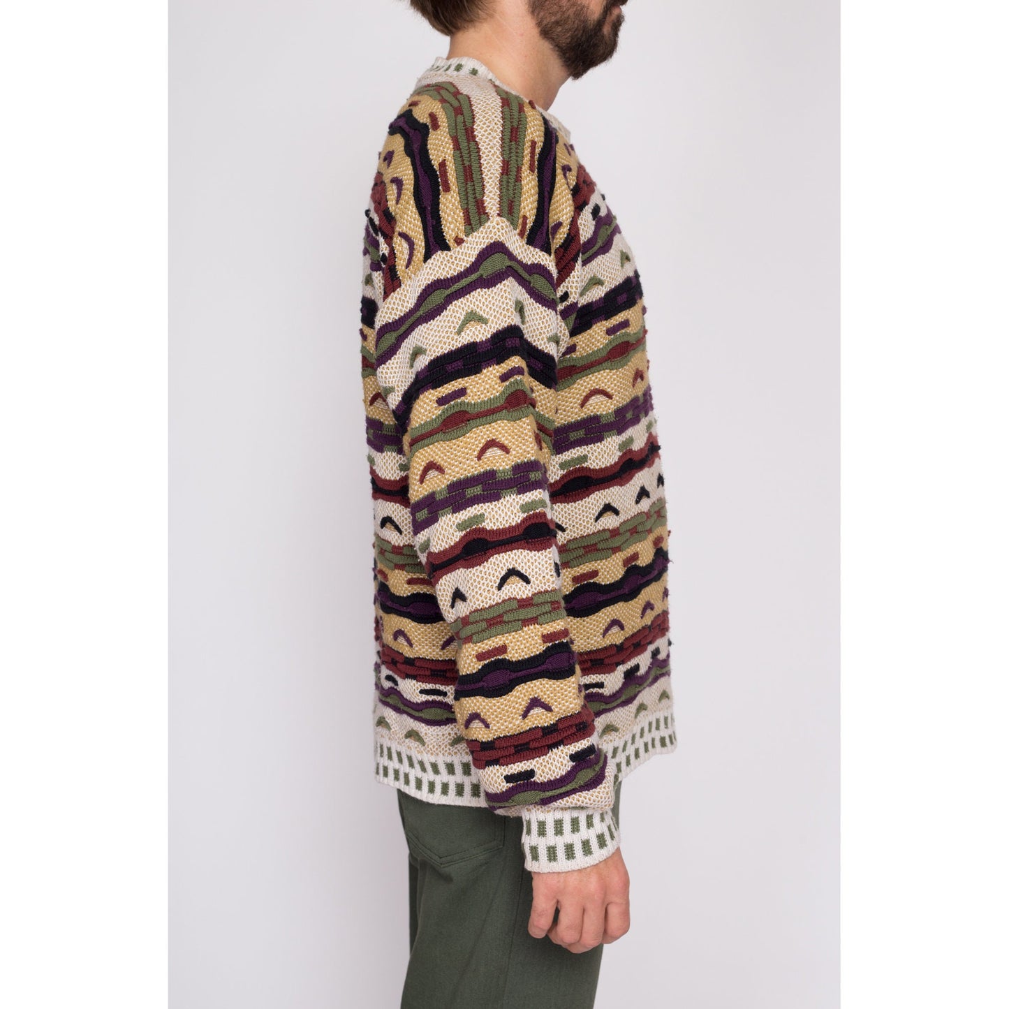 Large 90s Coogi Style 3D Knit Sweater | Vintage Textured Striped Knit Streetwear Pullover
