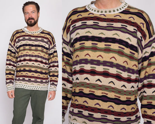 Large 90s Coogi Style 3D Knit Sweater | Vintage Textured Striped Knit Streetwear Pullover