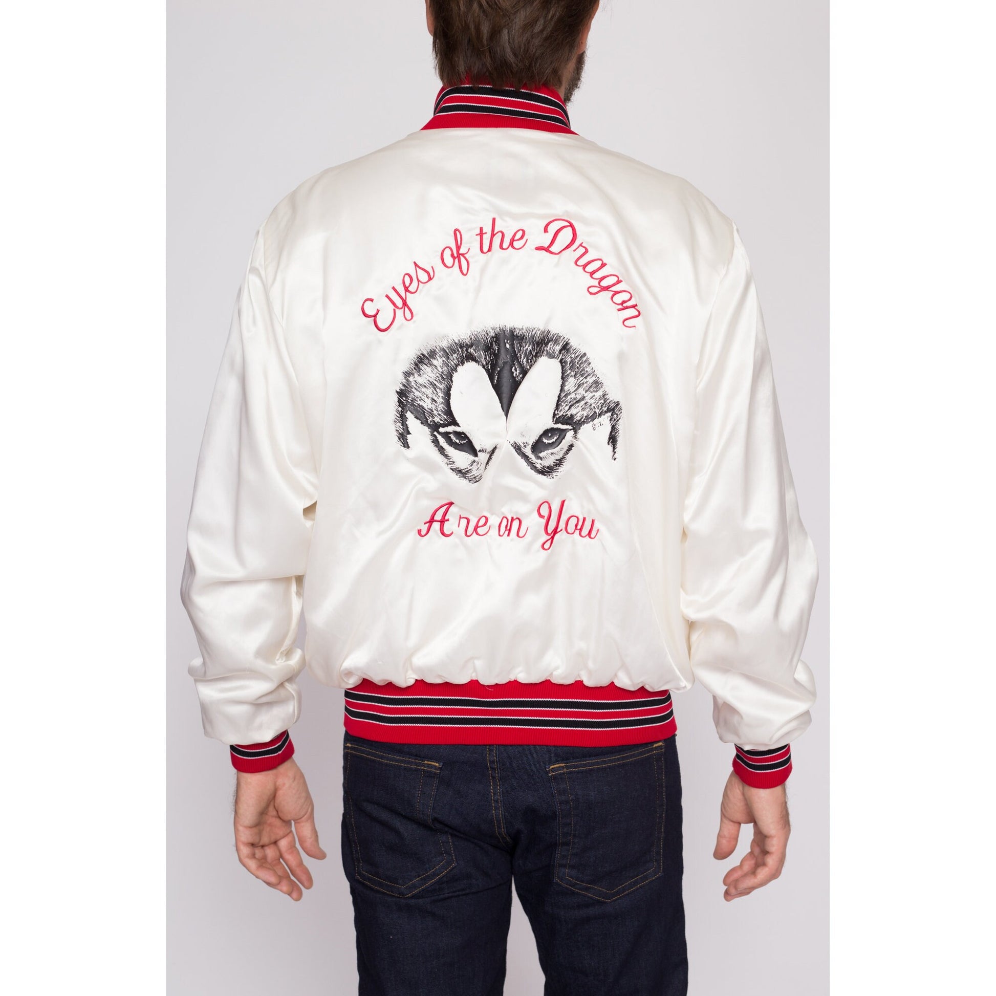 Medium 80s Eyes Of The Dragon Satin Varsity Jacket | Vintage Alaskan Malamute Dog Graphic White Striped Trim Windbreaker Bomber