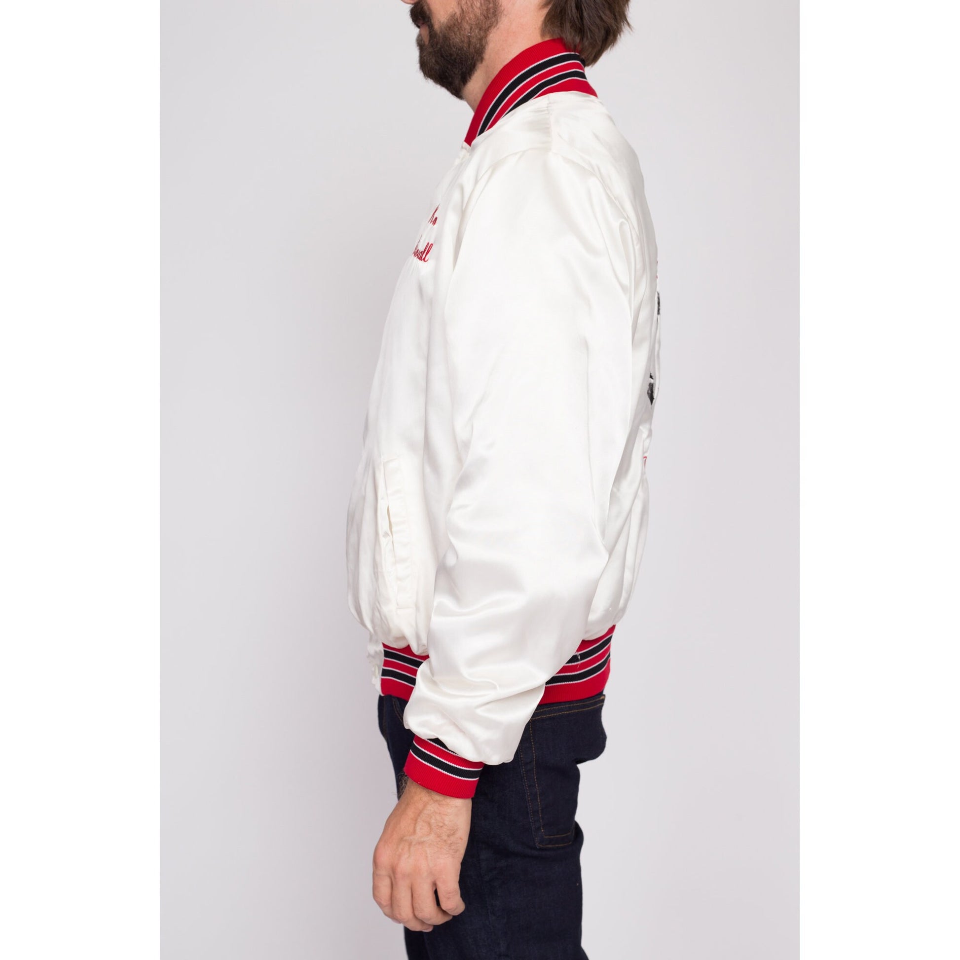 Medium 80s Eyes Of The Dragon Satin Varsity Jacket | Vintage Alaskan Malamute Dog Graphic White Striped Trim Windbreaker Bomber