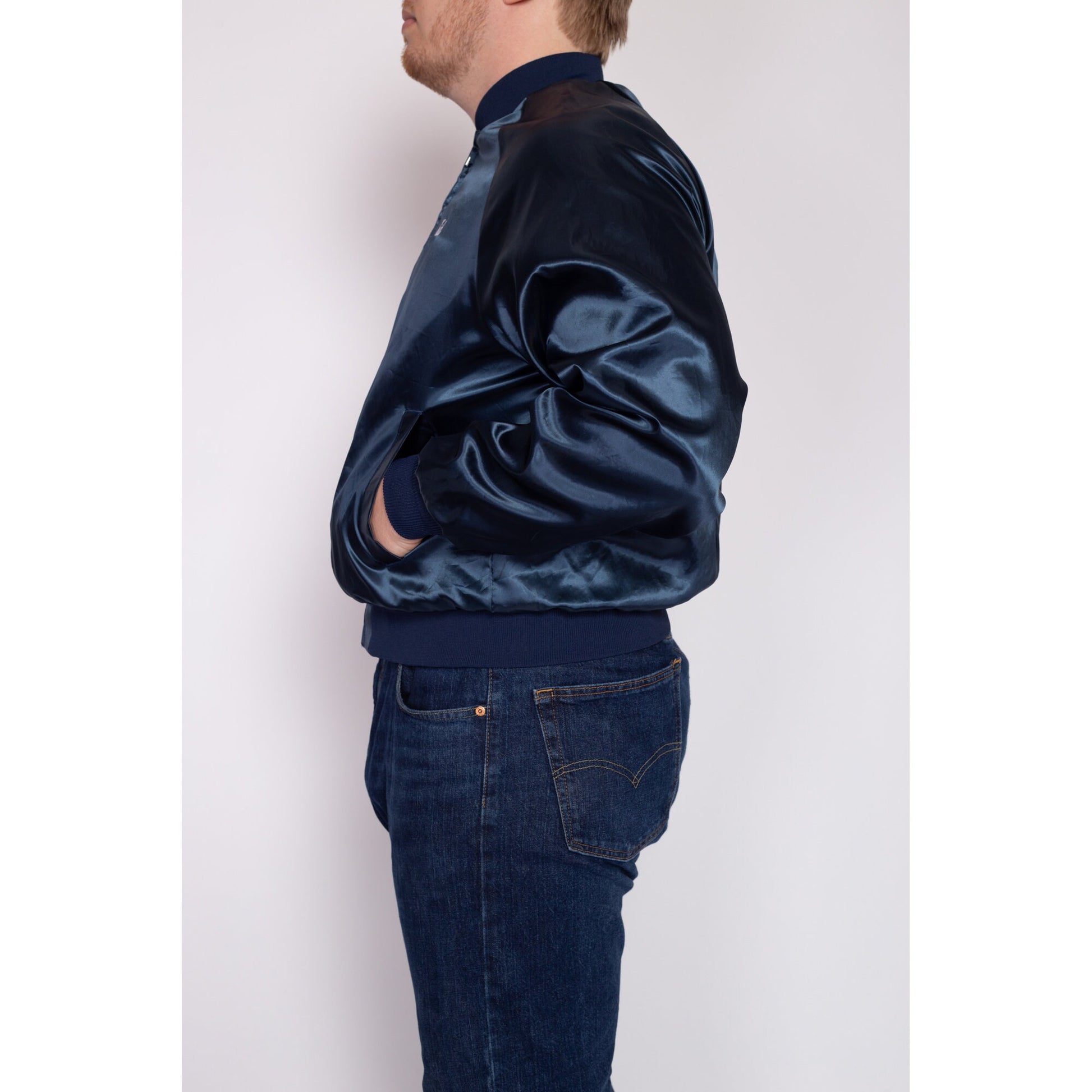Large 70s Late Great Chevys Blue Satin Varsity Jacket | Vintage Chevrolet Car Zip Up Windbreaker Bomber Coat