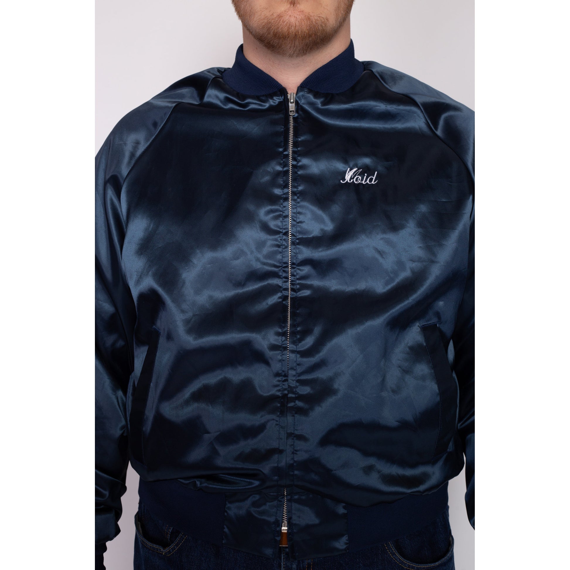 Large 70s Late Great Chevys Blue Satin Varsity Jacket | Vintage Chevrolet Car Zip Up Windbreaker Bomber Coat