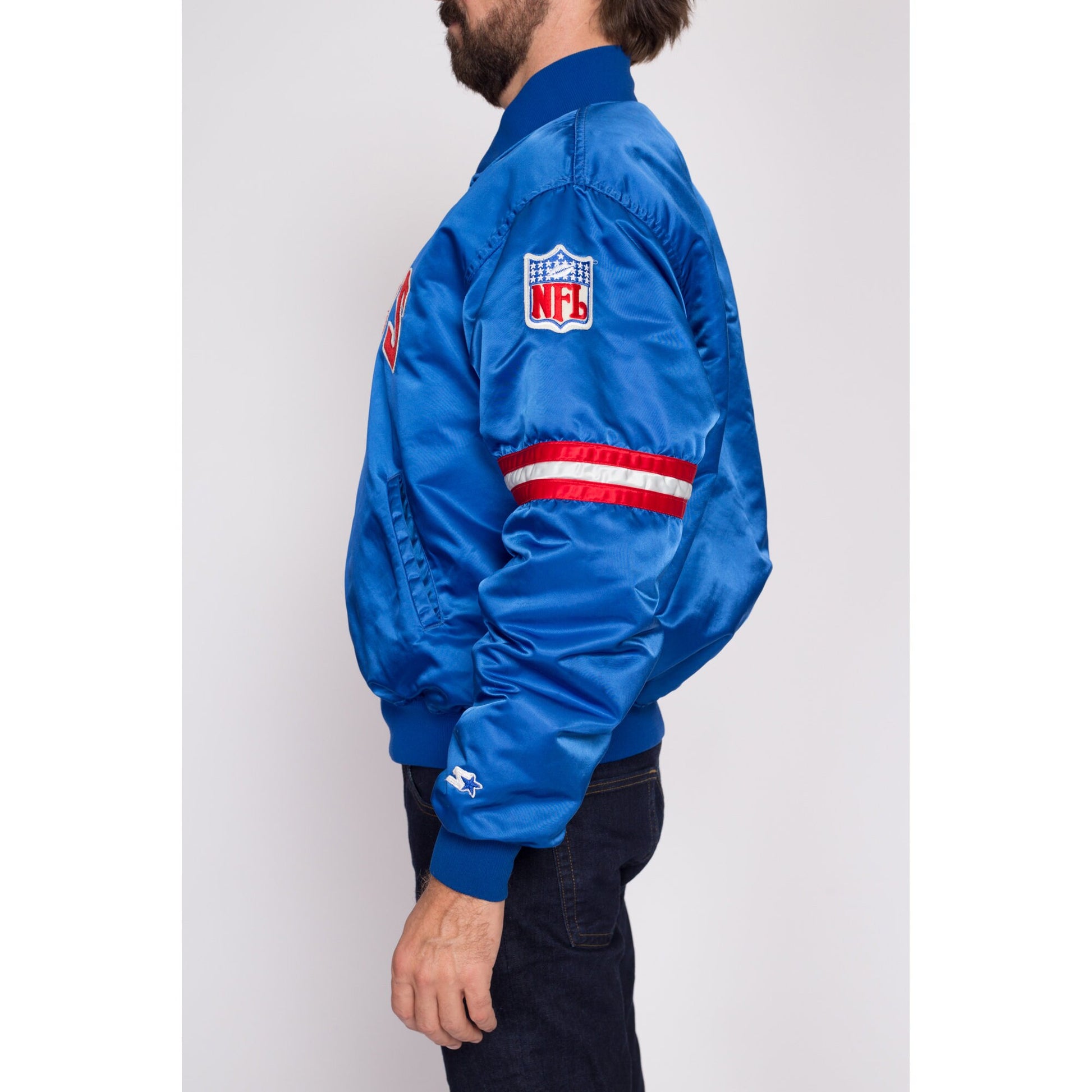 Large 90s New York Giants Satin Starter Jacket | Vintage Blue Red NFL Pro Line Puffy Football Coat