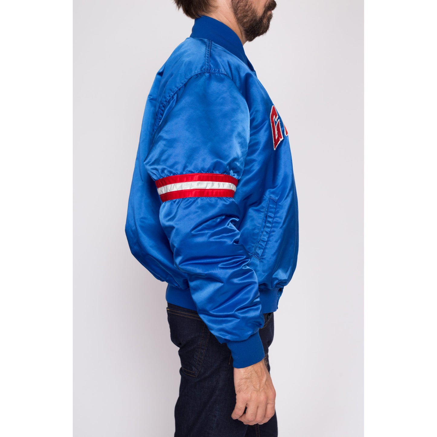 Large 90s New York Giants Satin Starter Jacket | Vintage Blue Red NFL Pro Line Puffy Football Coat