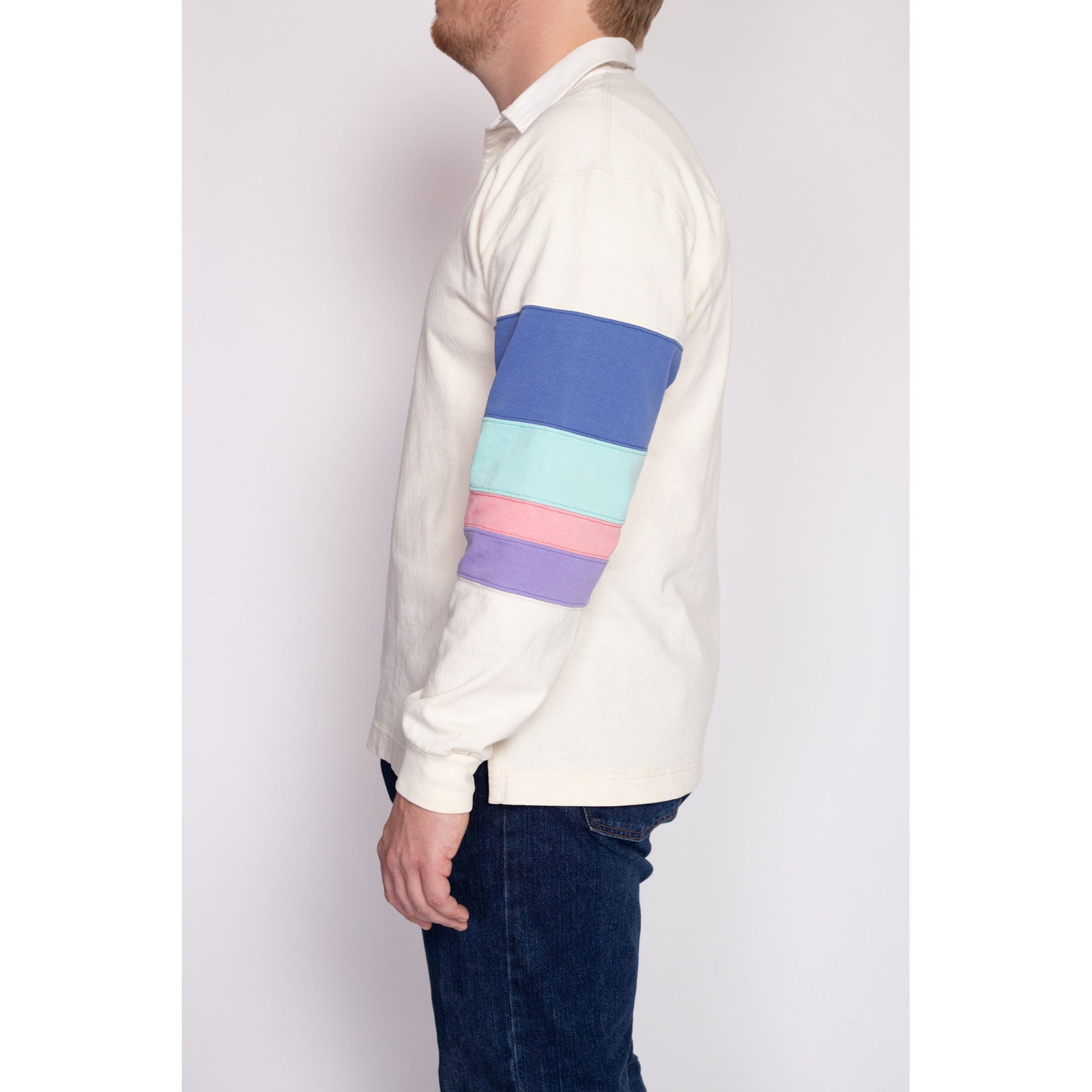 Large 90s Pastel Striped Oversized Collared Shirt | Vintage Grunge Long Sleeve Quarter Button Collared Top