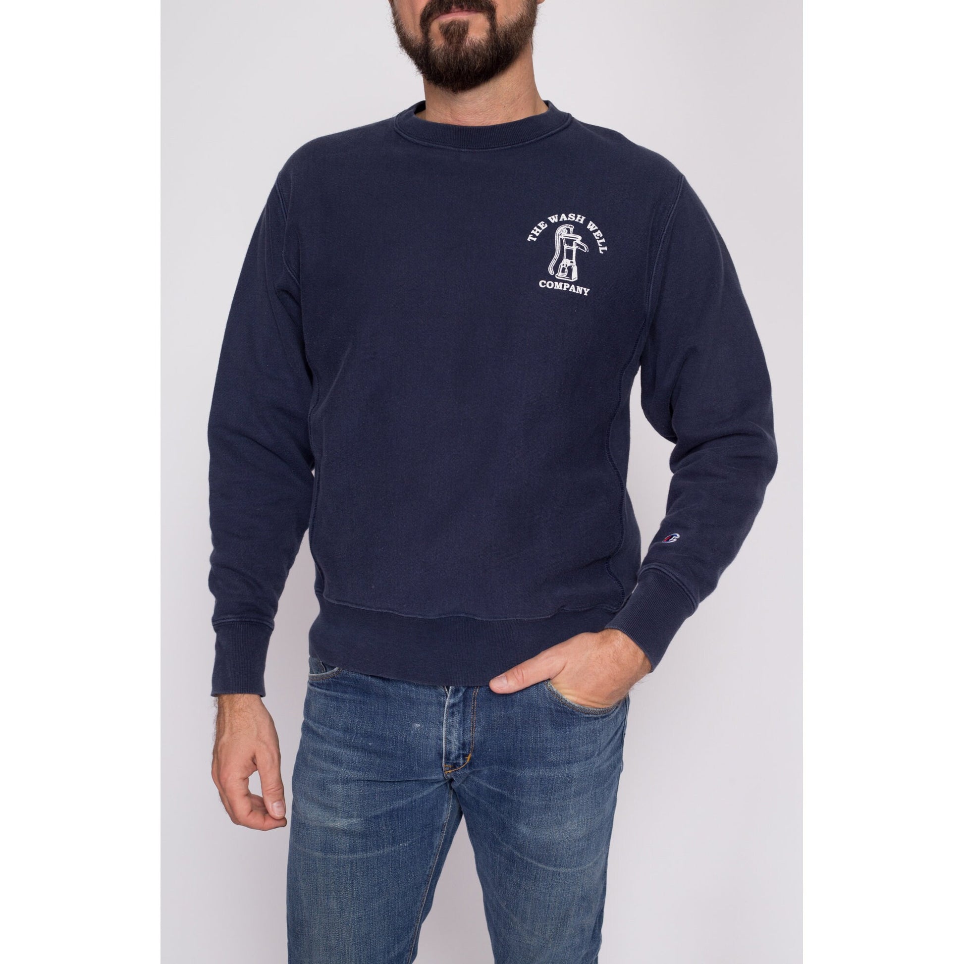 Medium Champion Reverse Weave "The Wash Well Company" Sweatshirt | Y2K Navy Blue Funny Graphic Crewneck