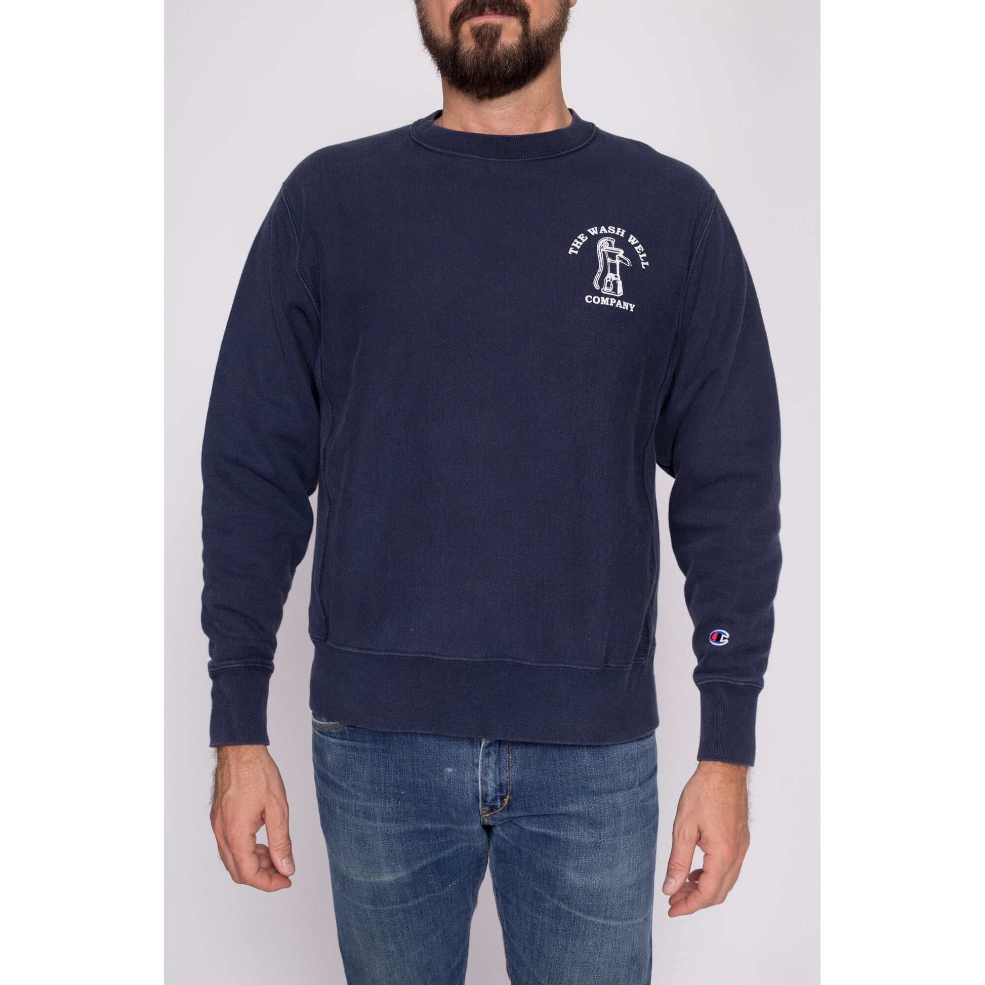 Medium Champion Reverse Weave "The Wash Well Company" Sweatshirt | Y2K Navy Blue Funny Graphic Crewneck