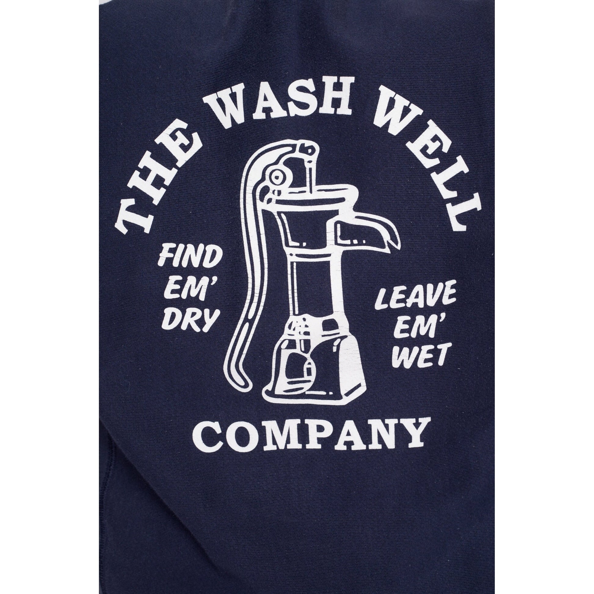 Medium Champion Reverse Weave "The Wash Well Company" Sweatshirt | Y2K Navy Blue Funny Graphic Crewneck