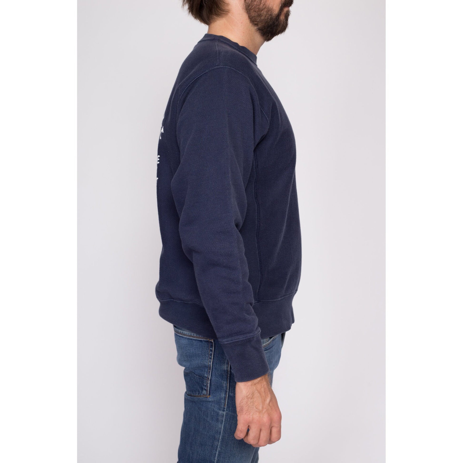 Medium Champion Reverse Weave "The Wash Well Company" Sweatshirt | Y2K Navy Blue Funny Graphic Crewneck