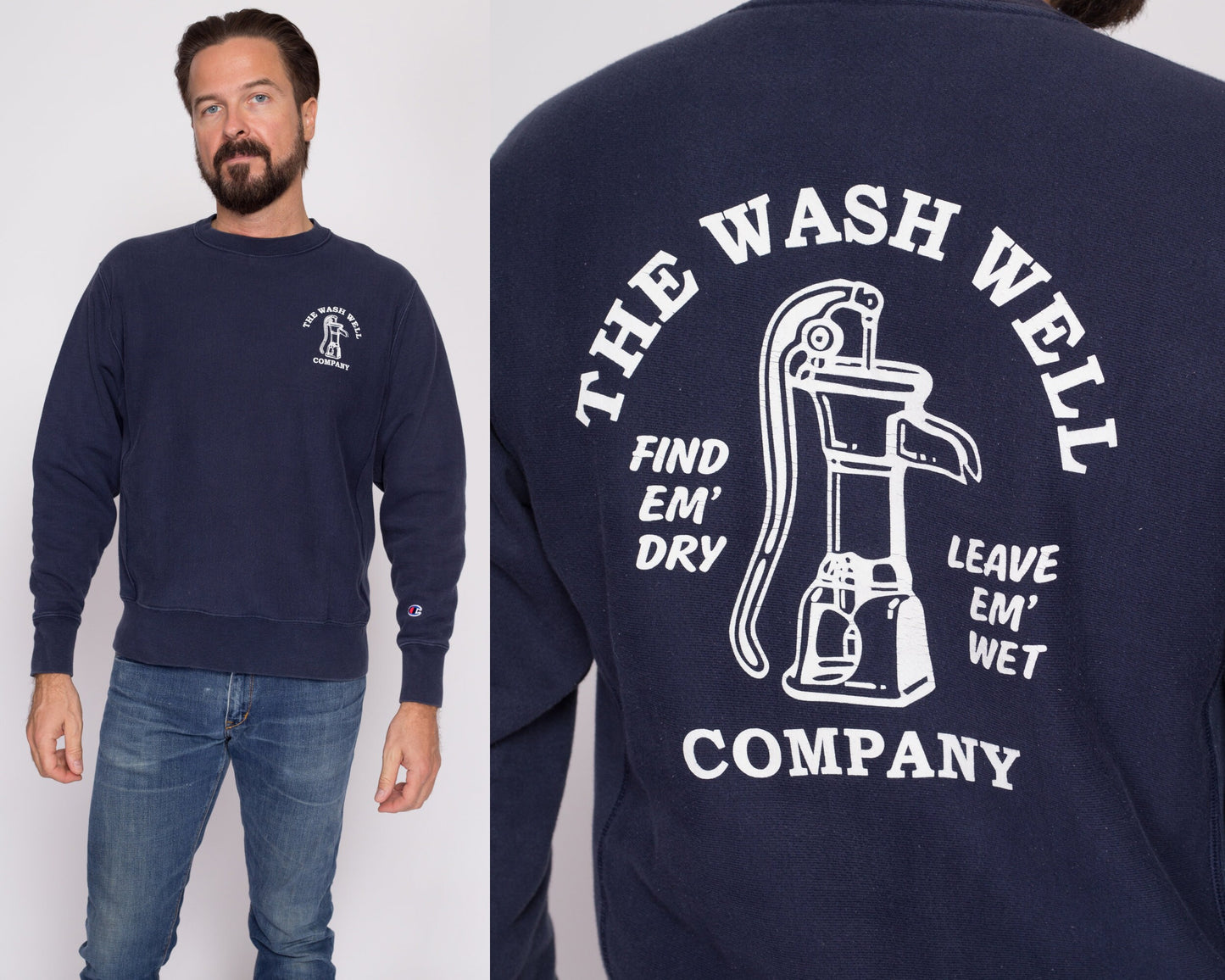 Medium Champion Reverse Weave "The Wash Well Company" Sweatshirt | Y2K Navy Blue Funny Graphic Crewneck