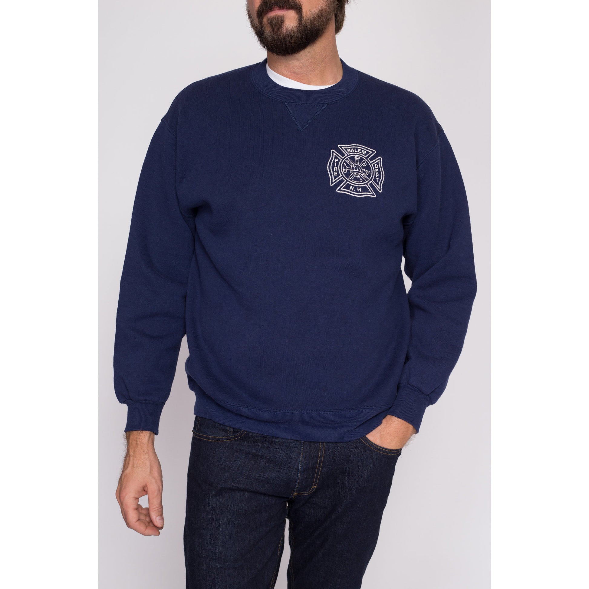 Medium 90s Salem Fire Department Sweatshirt | Vintage New Hampshire Navy Blue Long Sleeve Graphic Crewneck
