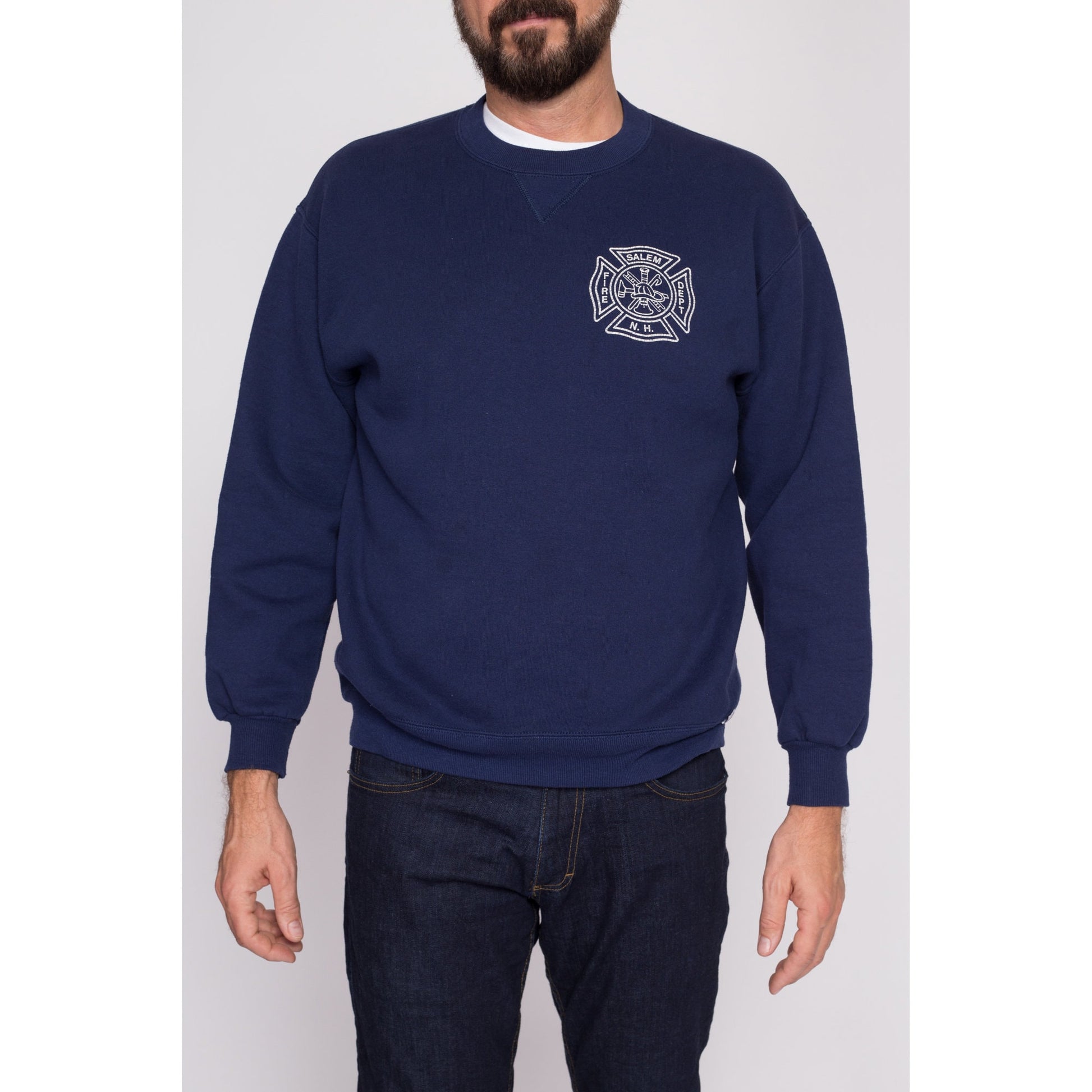 Medium 90s Salem Fire Department Sweatshirt | Vintage New Hampshire Navy Blue Long Sleeve Graphic Crewneck