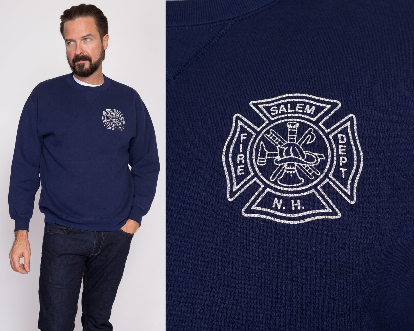 Medium 90s Salem Fire Department Sweatshirt | Vintage New Hampshire Navy Blue Long Sleeve Graphic Crewneck