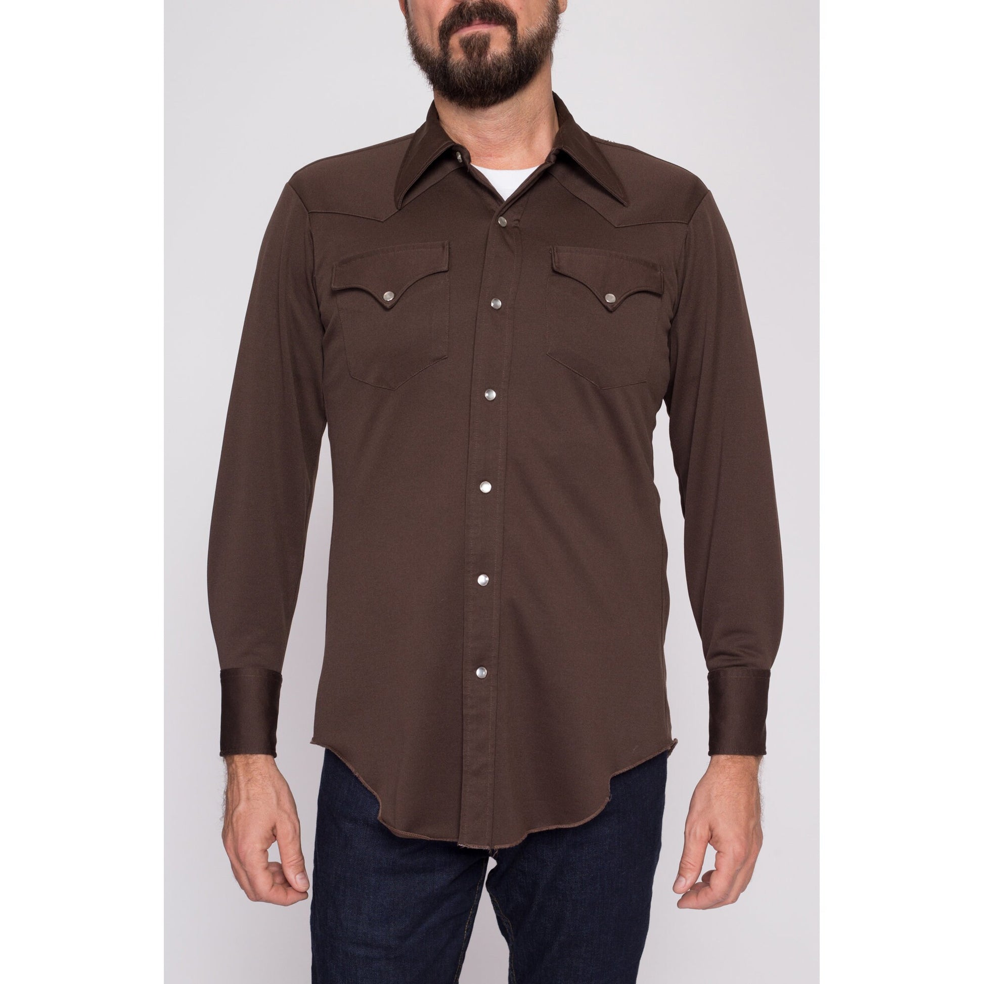 Small 70s H Bar C Ranchwear Brown Pearl Snap Western Shirt | Vintage Long Sleeve Collared Top