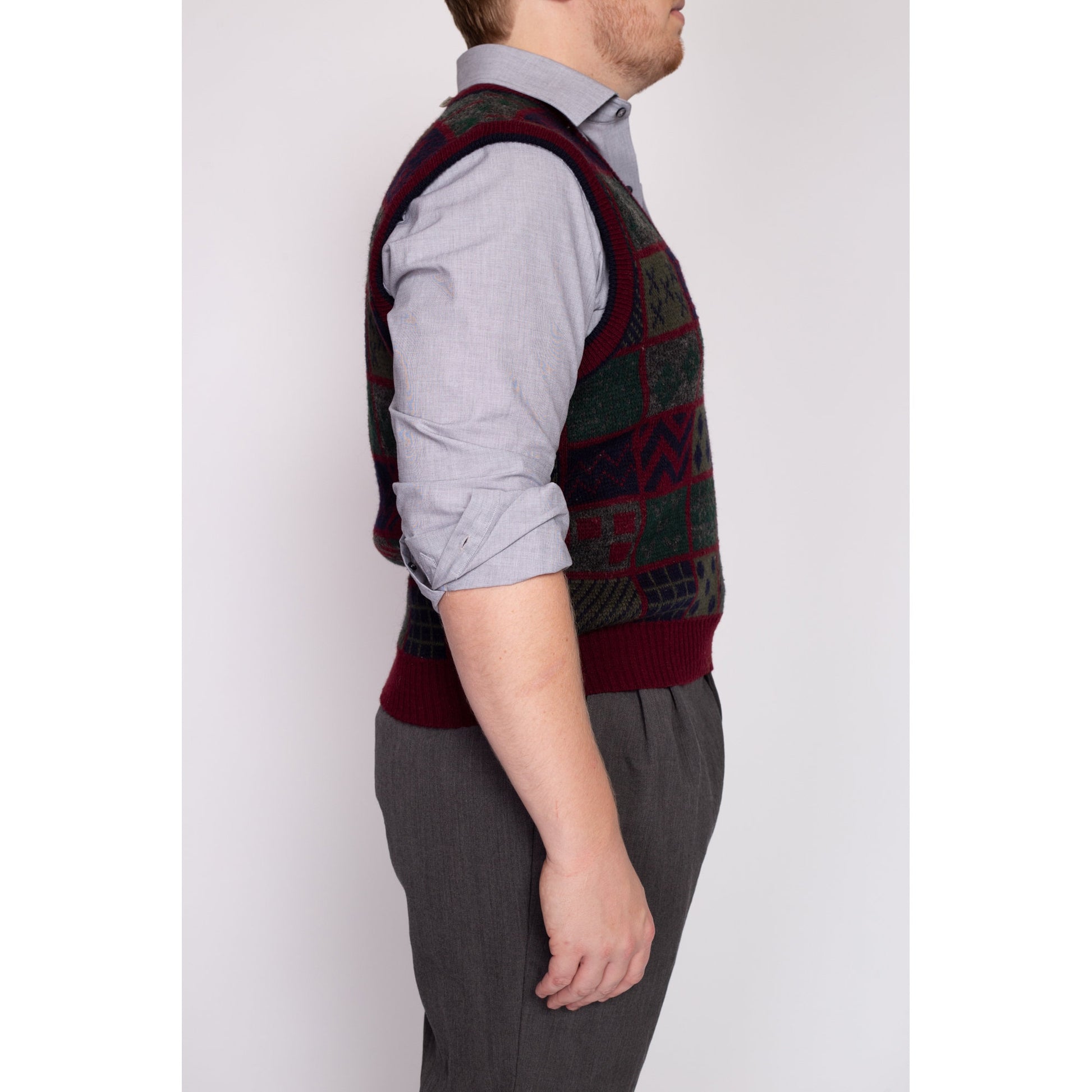 XL 80s Wool Knit Sweater Vest | Vintage Grey Red V Neck Pullover Top