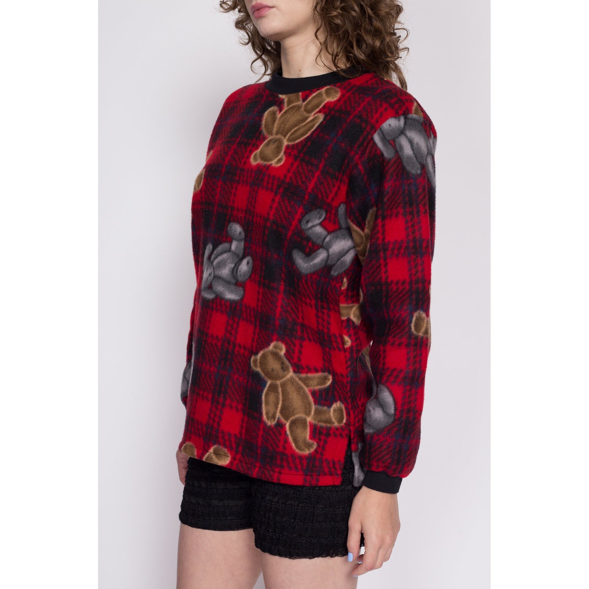 Medium 90s Teddy Bear Fleece Pajama Top | Vintage Red & Black Plaid Soft Sleep Shirt