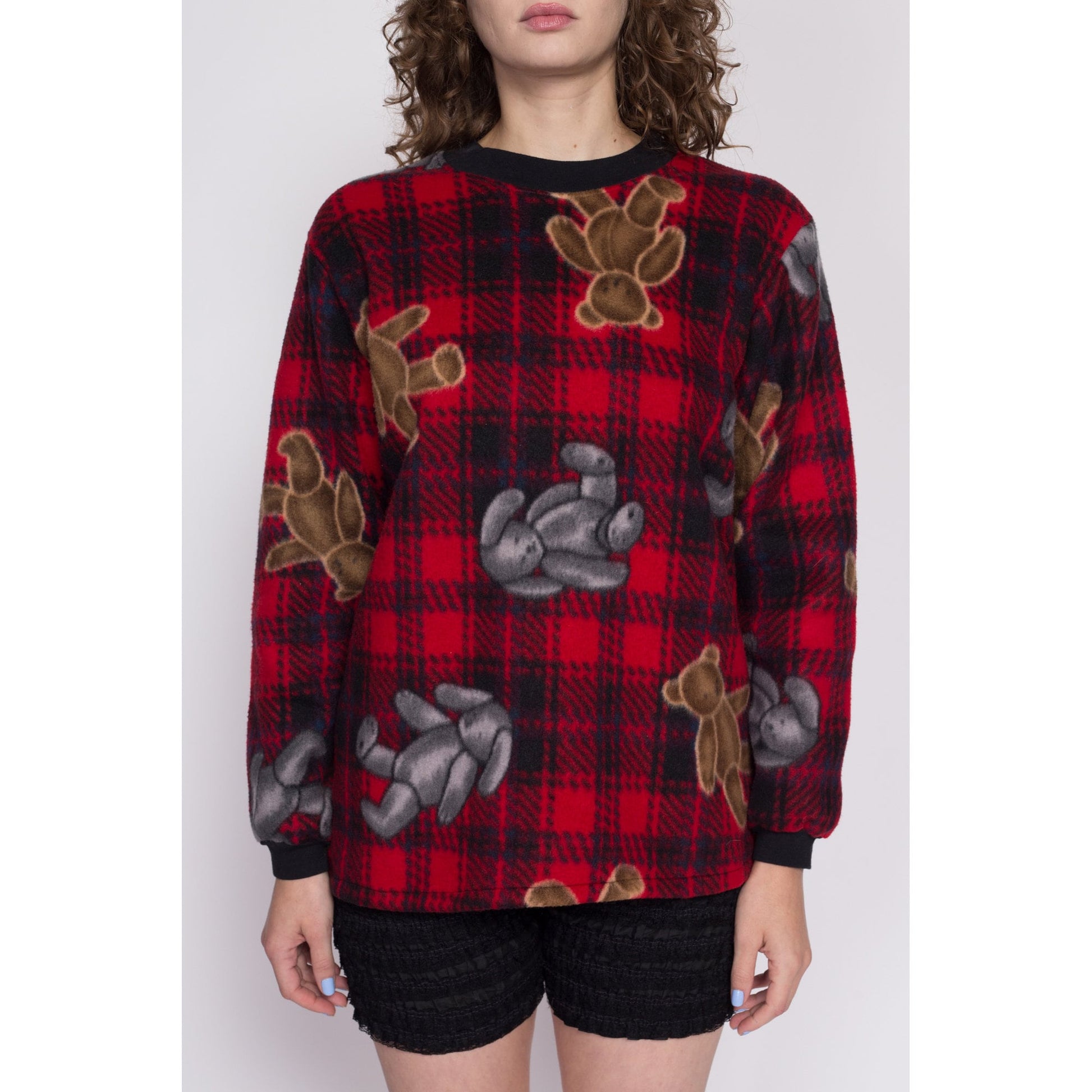 Medium 90s Teddy Bear Fleece Pajama Top | Vintage Red & Black Plaid Soft Sleep Shirt