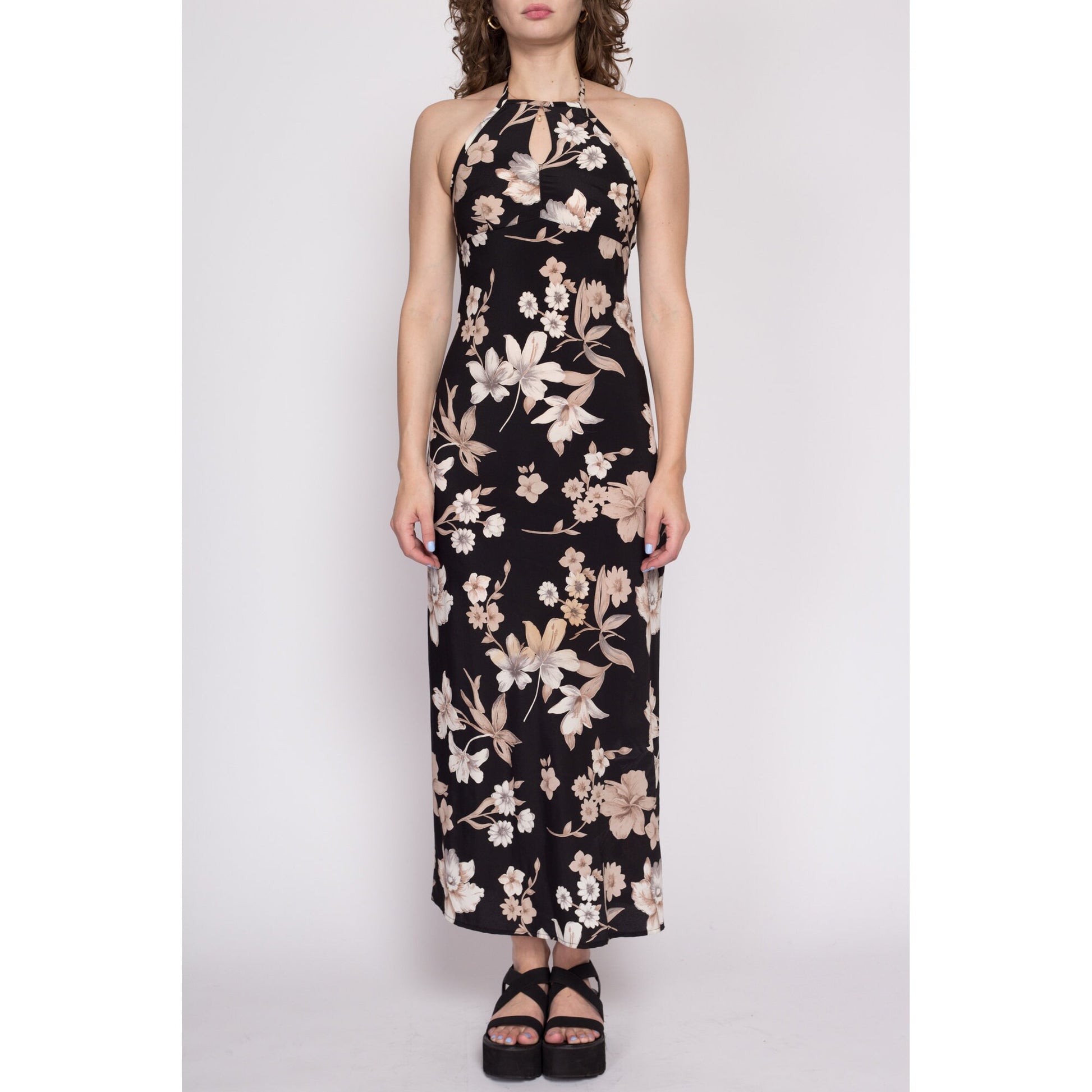 XS 90s Boho Black Floral Halter Maxi Dress | Vintage Tropical Flower Print Keyhole Neck Sundress