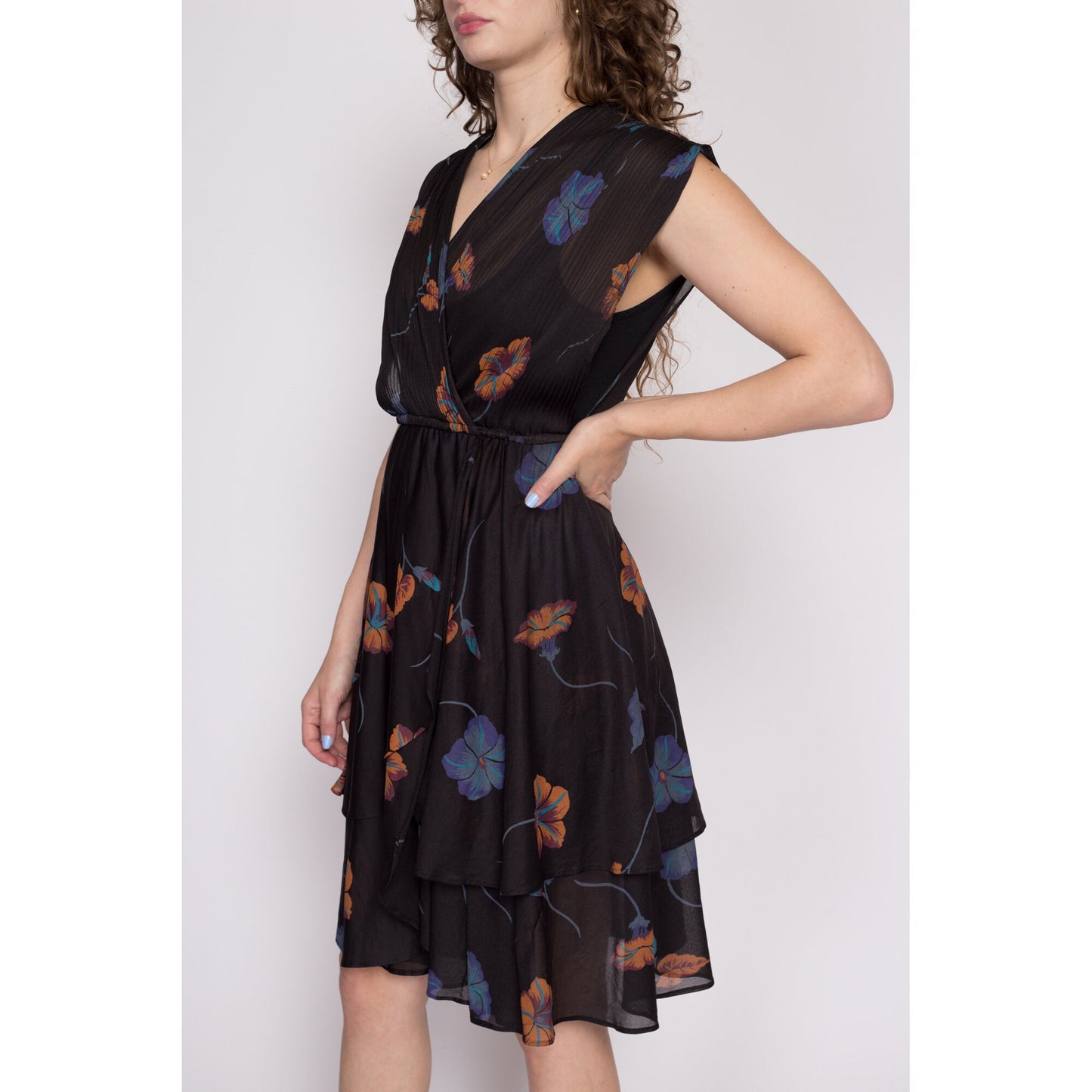 Medium 70s Sheer Black Floral Dress | Vintage Boho V Neck Blouson Mini Dress