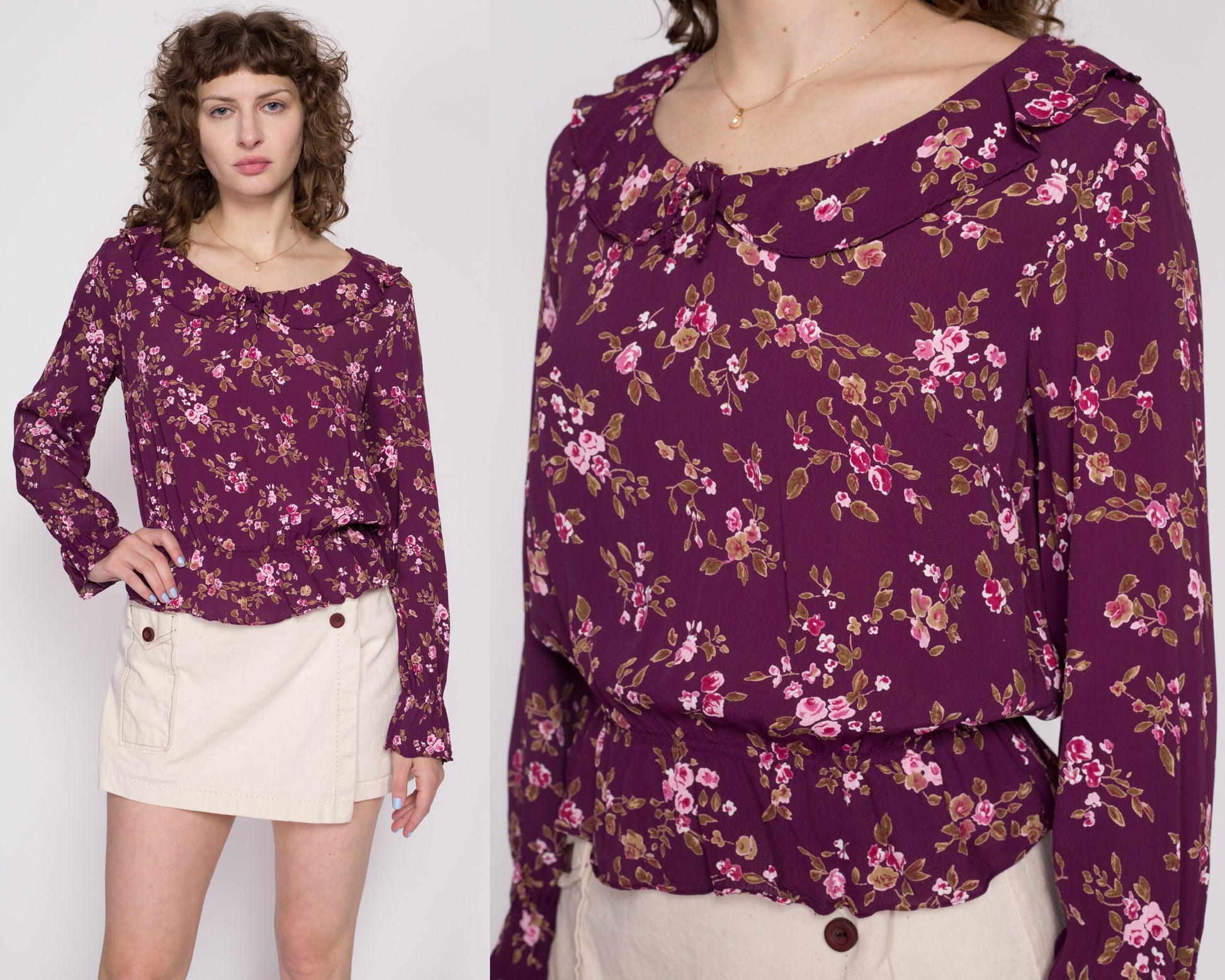 Medium 90s Y2K Boho Purple Floral Blouse | Vintage Ruffle Collar Long Sleeve Crop Top