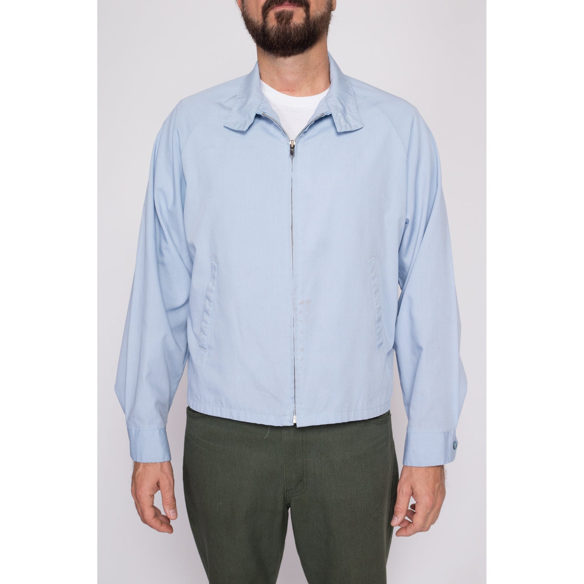 Large 70s San-Hi Lanes San Bernadino Bowling Alley Jacket | Vintage Blue Zip Up Lightweight Harrington Jacket