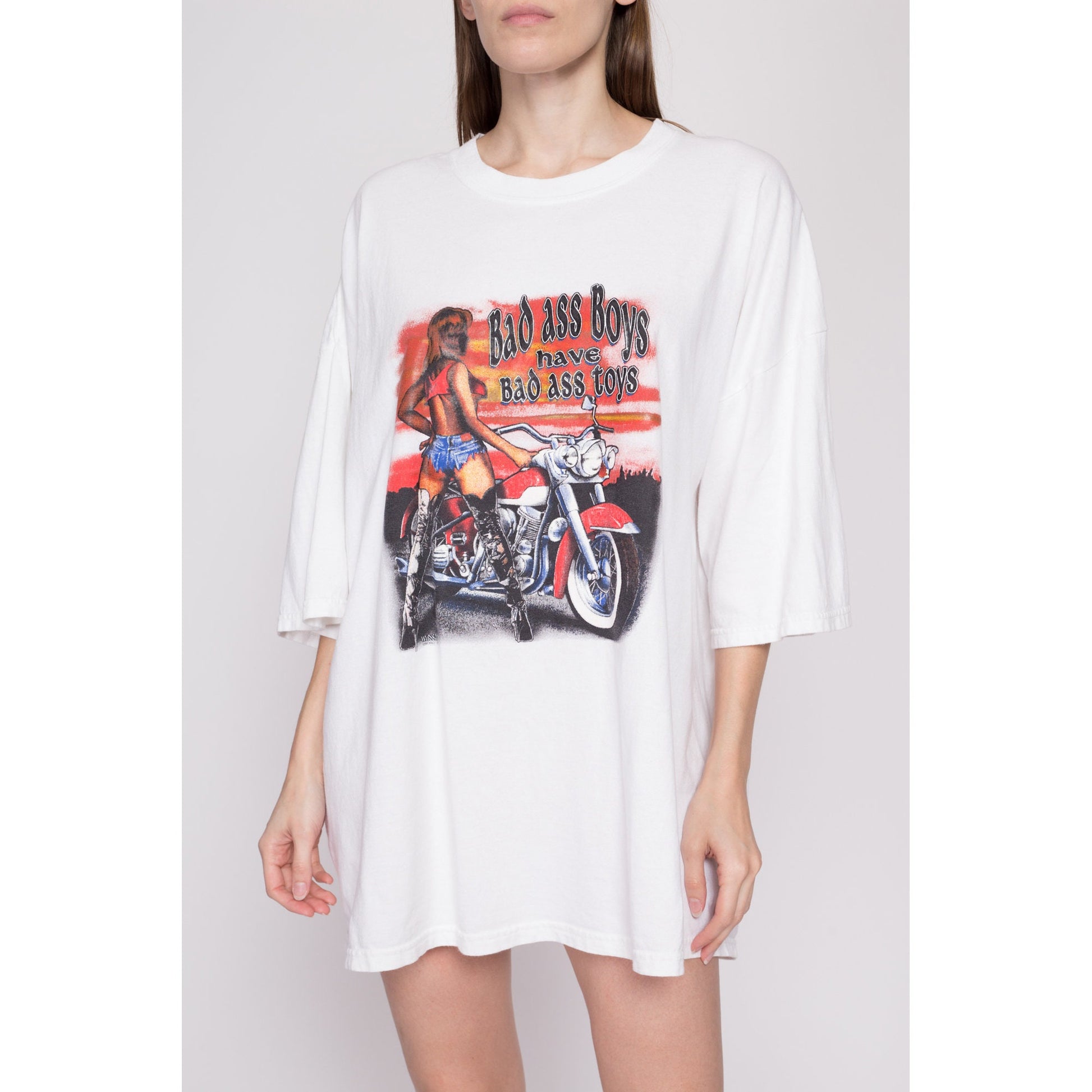 3XL 90s "Bad Ass Boys Have Bad Ass Toys" Biker Chick T Shirt | Vintage Sexy Motorcycle Graphic Oversize Tee