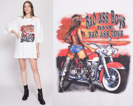 3XL 90s "Bad Ass Boys Have Bad Ass Toys" Biker Chick T Shirt | Vintage Sexy Motorcycle Graphic Oversize Tee