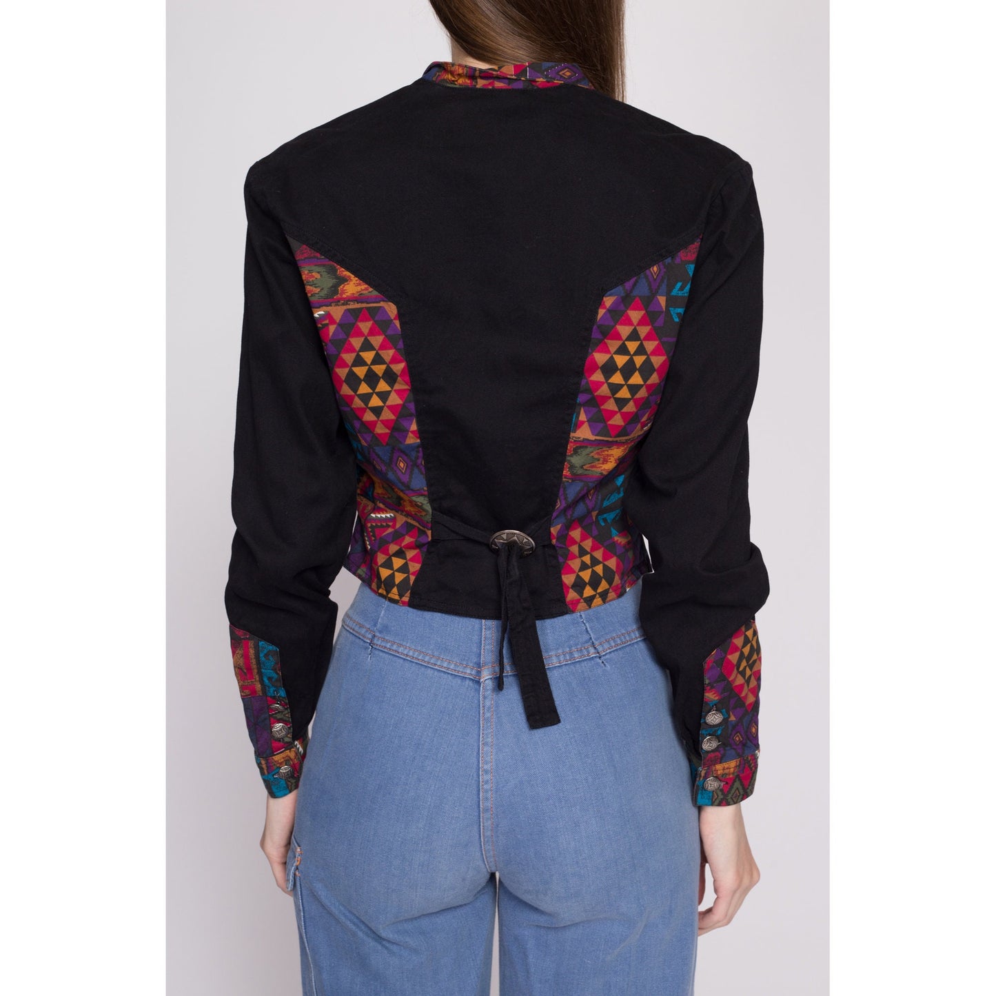 Small 90 Southwestern Crop Top | Vintage Long Sleeve Cowgirl Tribal Print Button Up Cropped Western Blouse