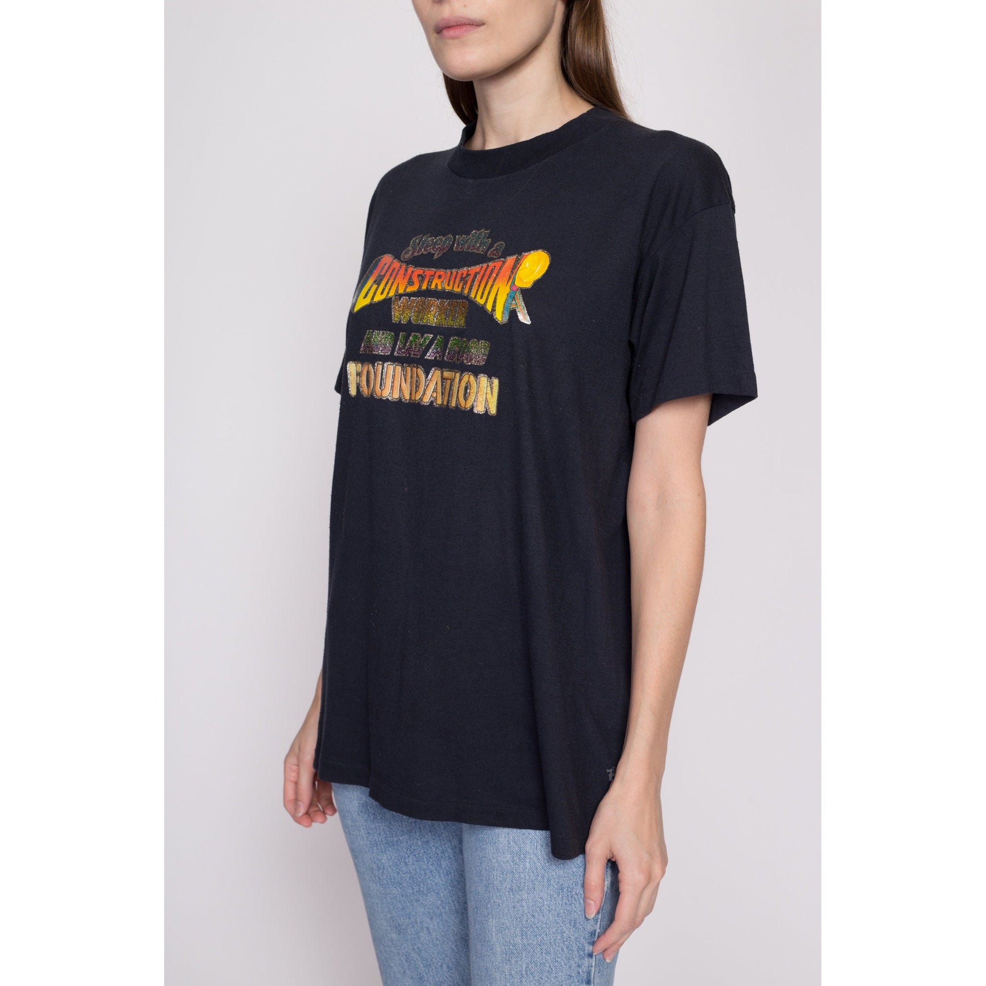 L-XL 80s "Sleep With A Construction Worker" Iron On T Shirt | Vintage Black Funny Sex Joke Graphic Tee