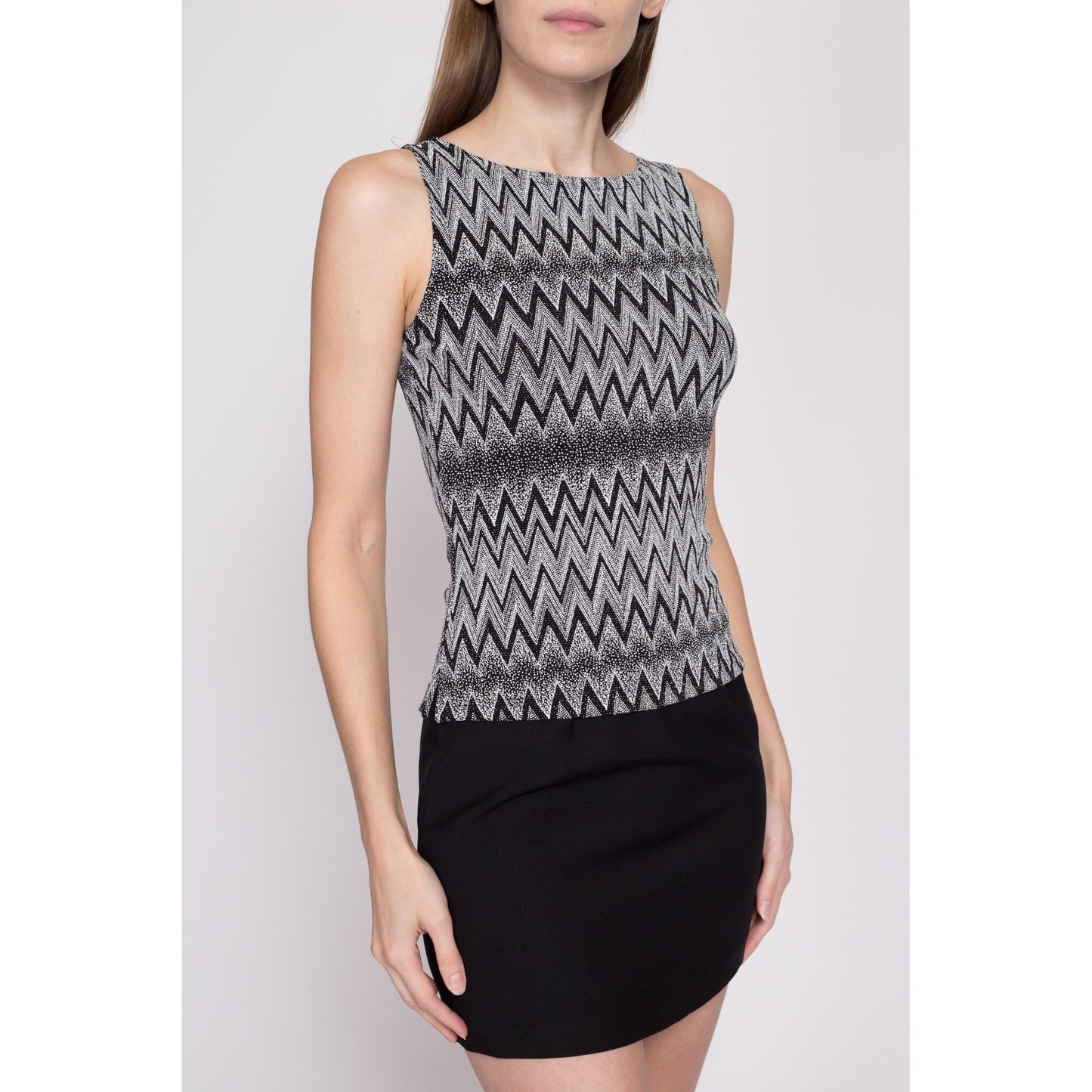 Sm-Med 90s Zig Zag Metallic Top | Vintage Striped Textured Stretchy Sleeveless Tank
