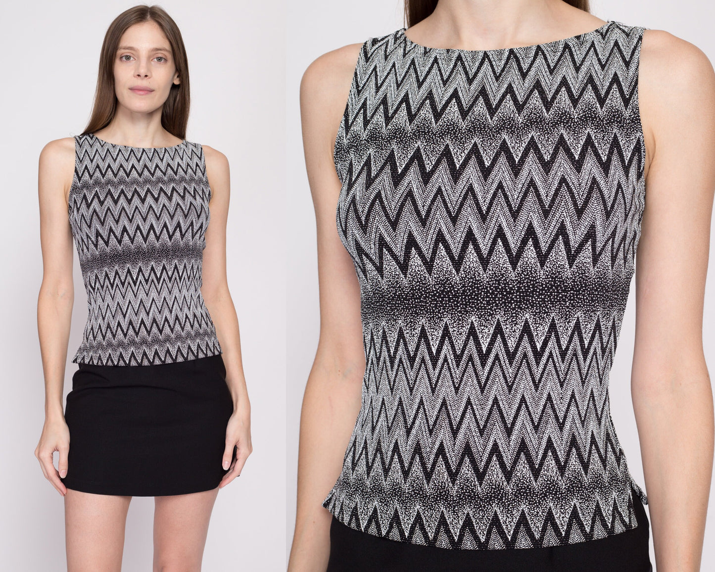 Sm-Med 90s Zig Zag Metallic Top | Vintage Striped Textured Stretchy Sleeveless Tank