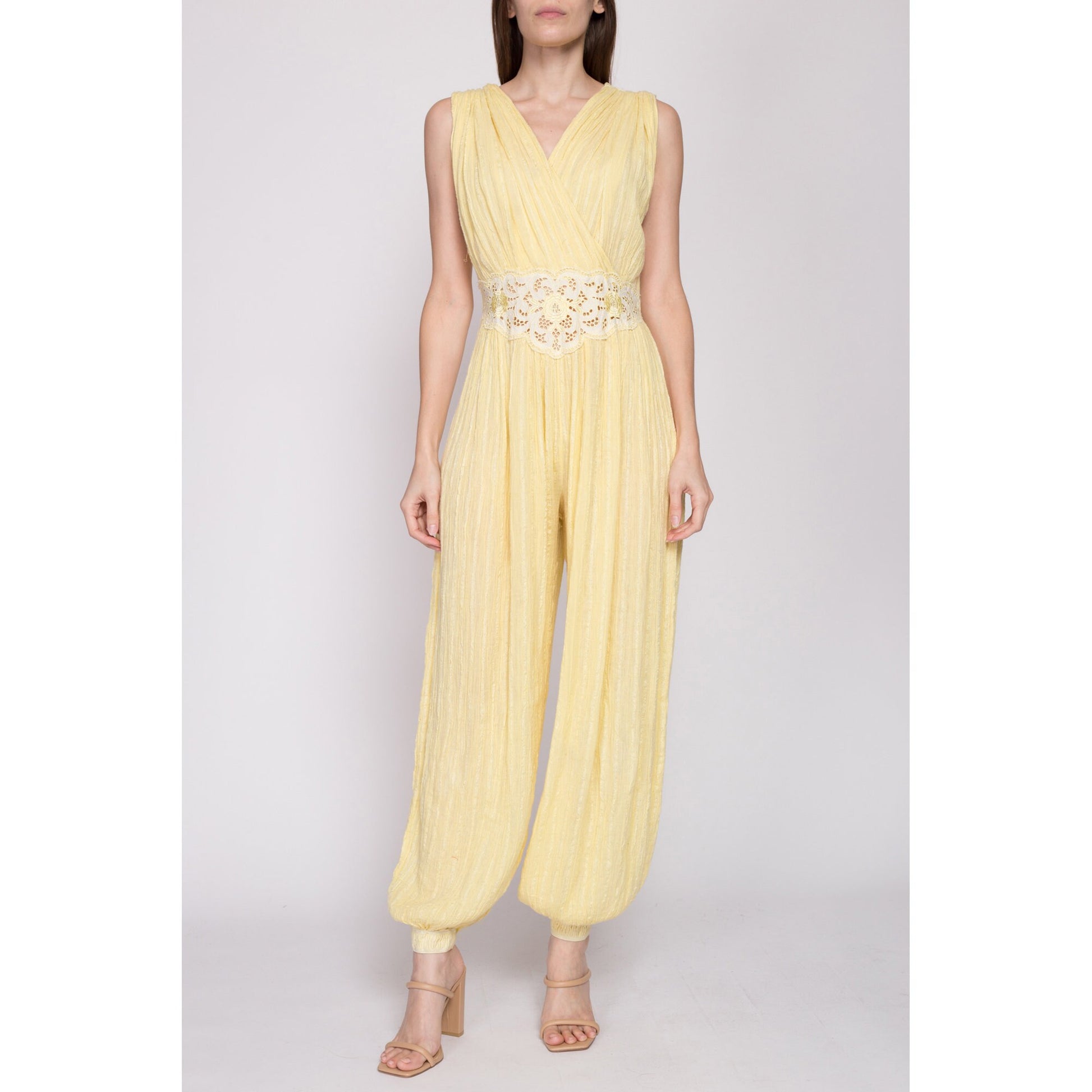Sm-Med 70s Boho Yellow Gauzy Cotton Harem Jumpsuit | Vintage Floral Cut Out Grecian Hippie Pantsuit Genie Outfit