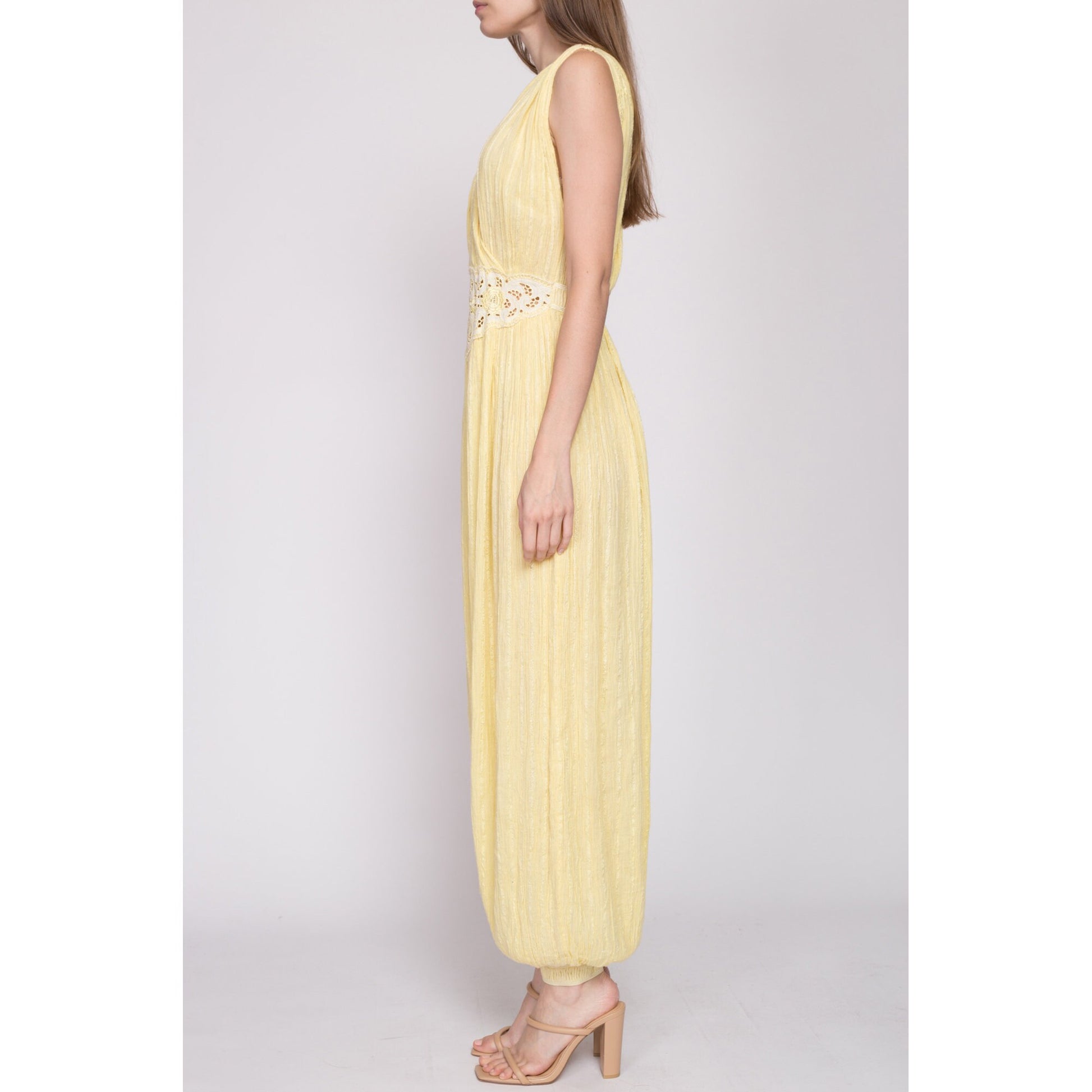 Sm-Med 70s Boho Yellow Gauzy Cotton Harem Jumpsuit | Vintage Floral Cut Out Grecian Hippie Pantsuit Genie Outfit